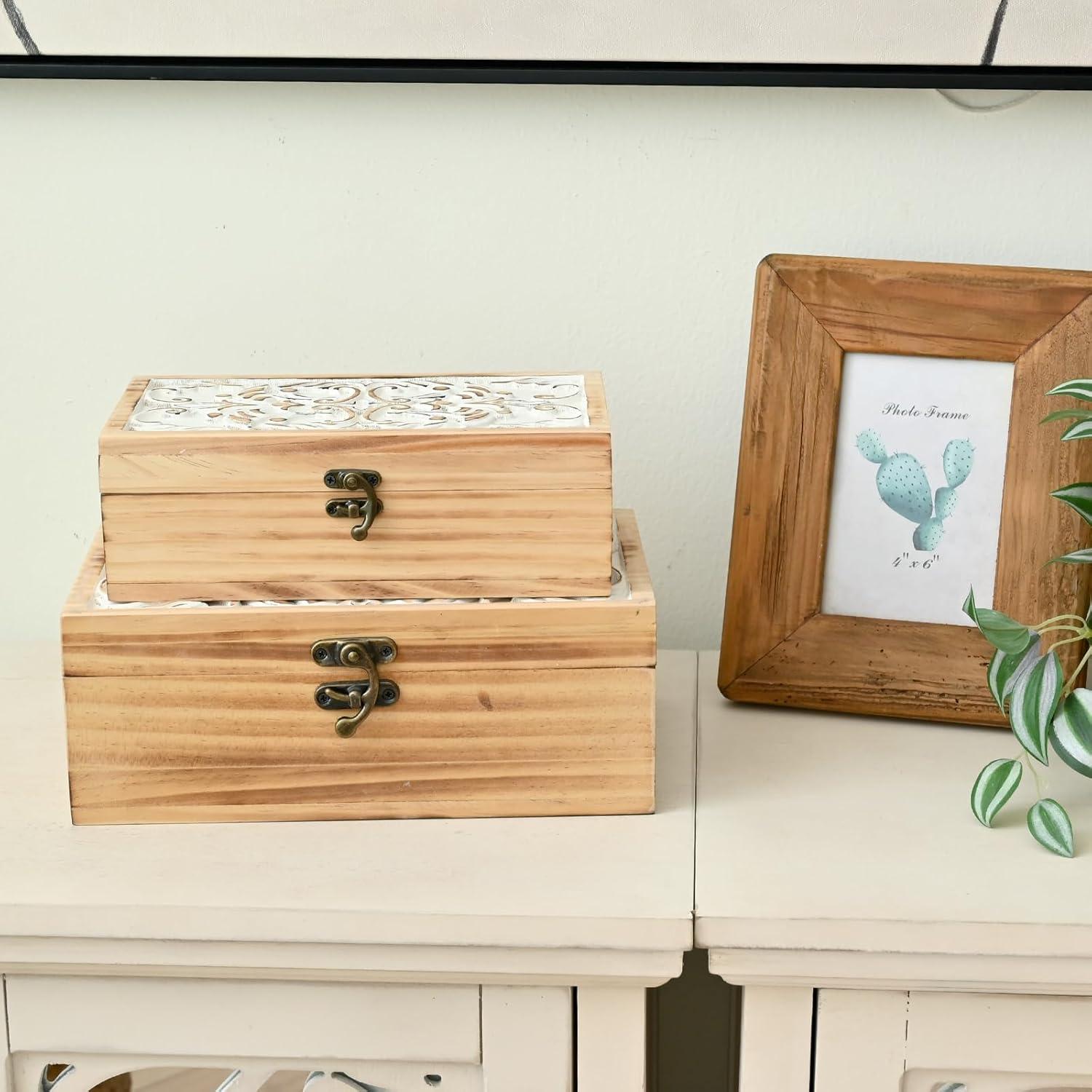 Wooden Box Set of 2 - Rustic Farmhouse Decorative Boxes with Hinged Lid and Carved Design