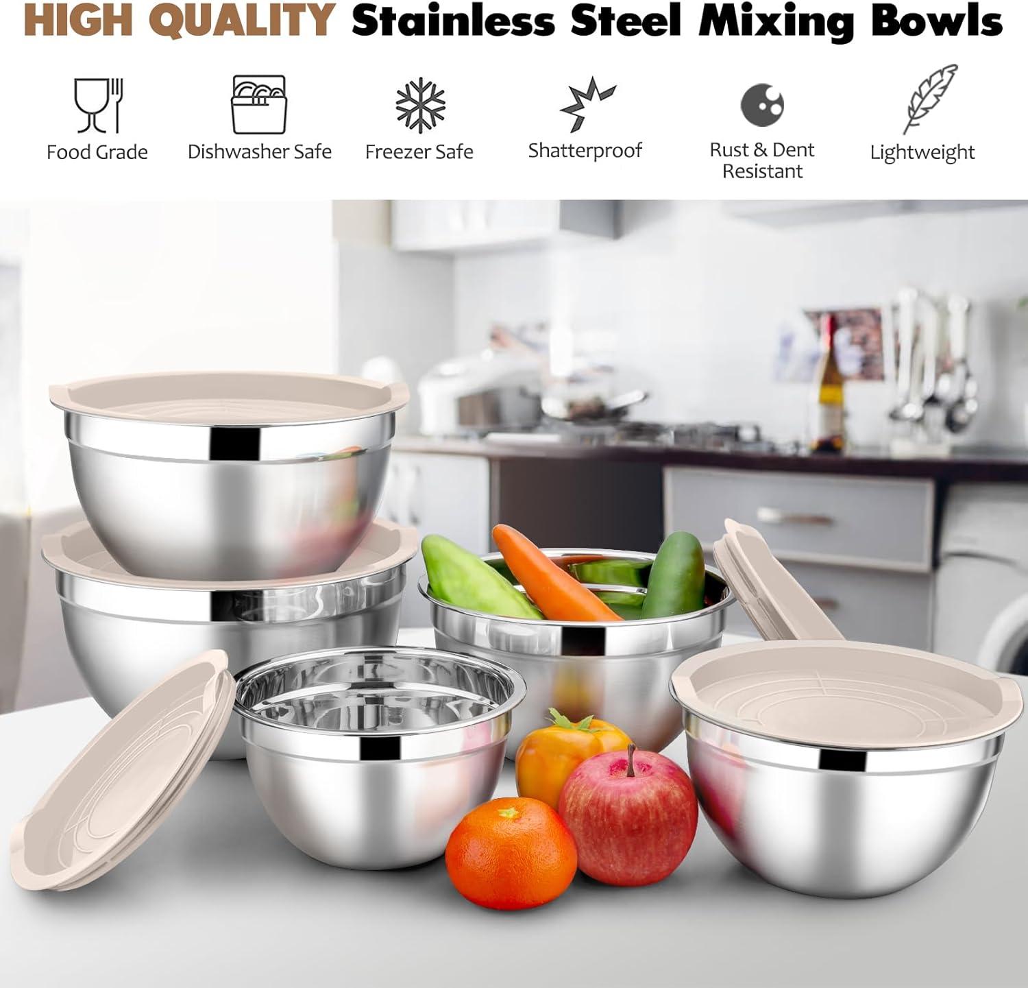 Khaki Stainless Steel Nesting Mixing Bowls with Lids Set of 5