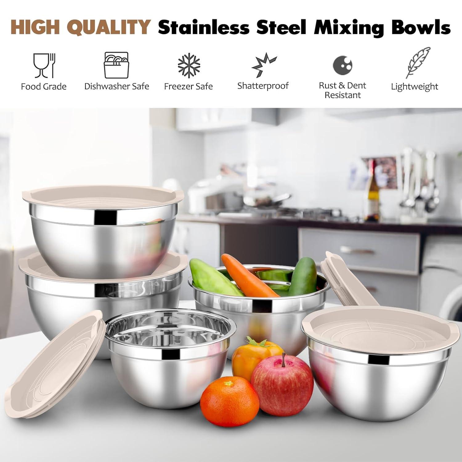 Toledo Bath & Kitchen Stainless Steel Mixing Bowls With Lids, 5-Pack Metal Nesting Bowls With Airtight Covers For Cooking, Baking, Serving, Storage, Non-Toxic & Dishwasher Safe, Size 4.6/3/1.5/1/0.7QT - Khaki