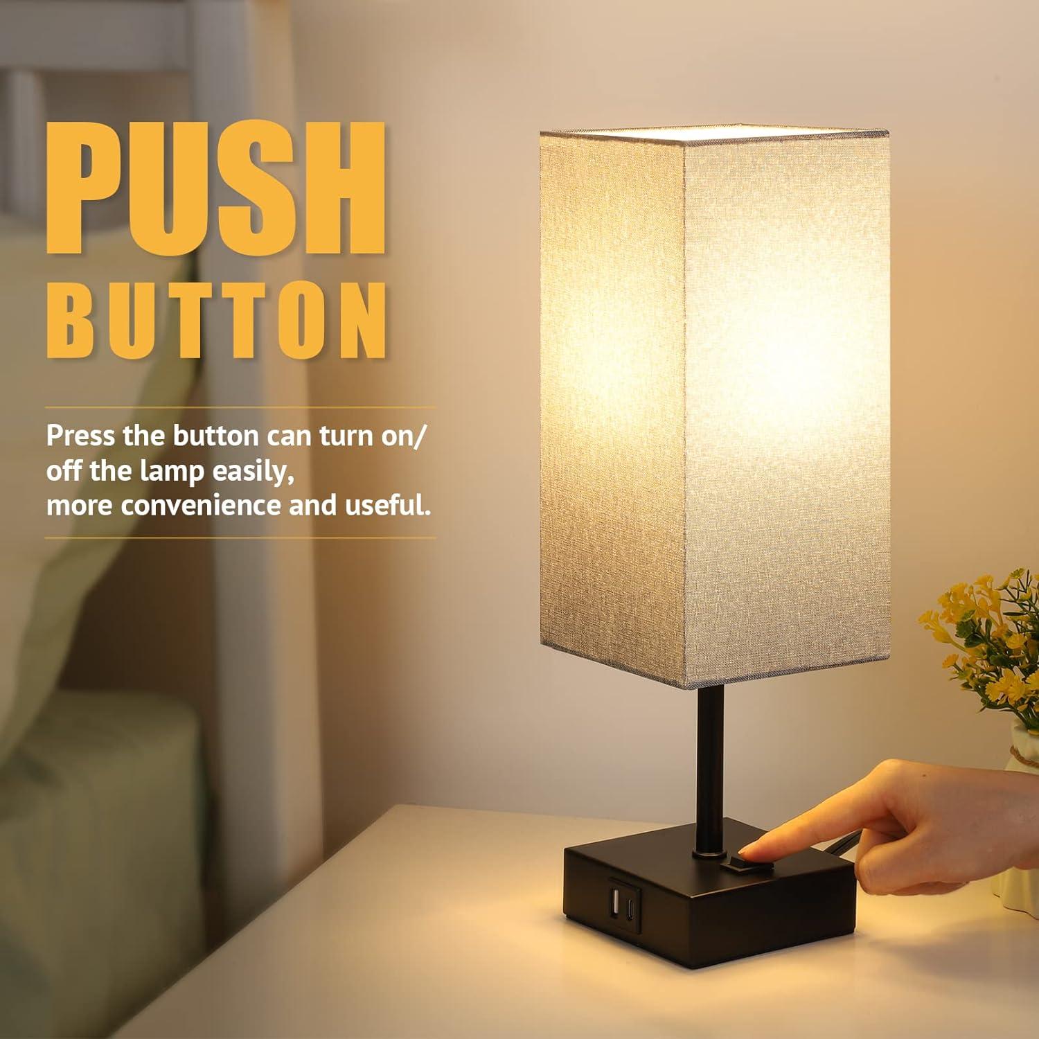 Set of 2 Gray Linen Touch Control Bedside Lamps with USB Ports