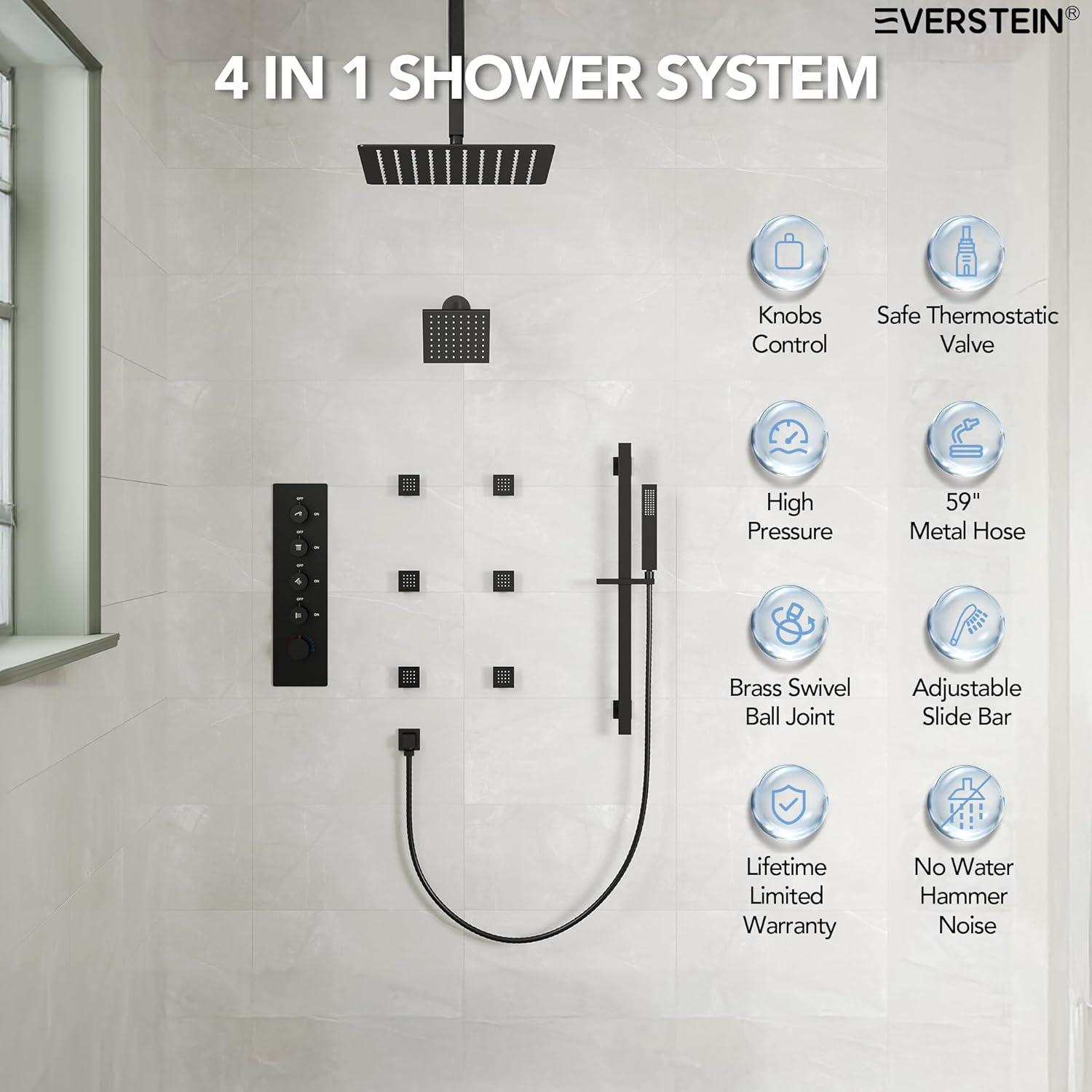 DualJetSpa 15-Spray Patterns 16" & 6" Dual Shower Head, Shower FaucetSystem with Thermostatic Rough-in Valve and Body Jets