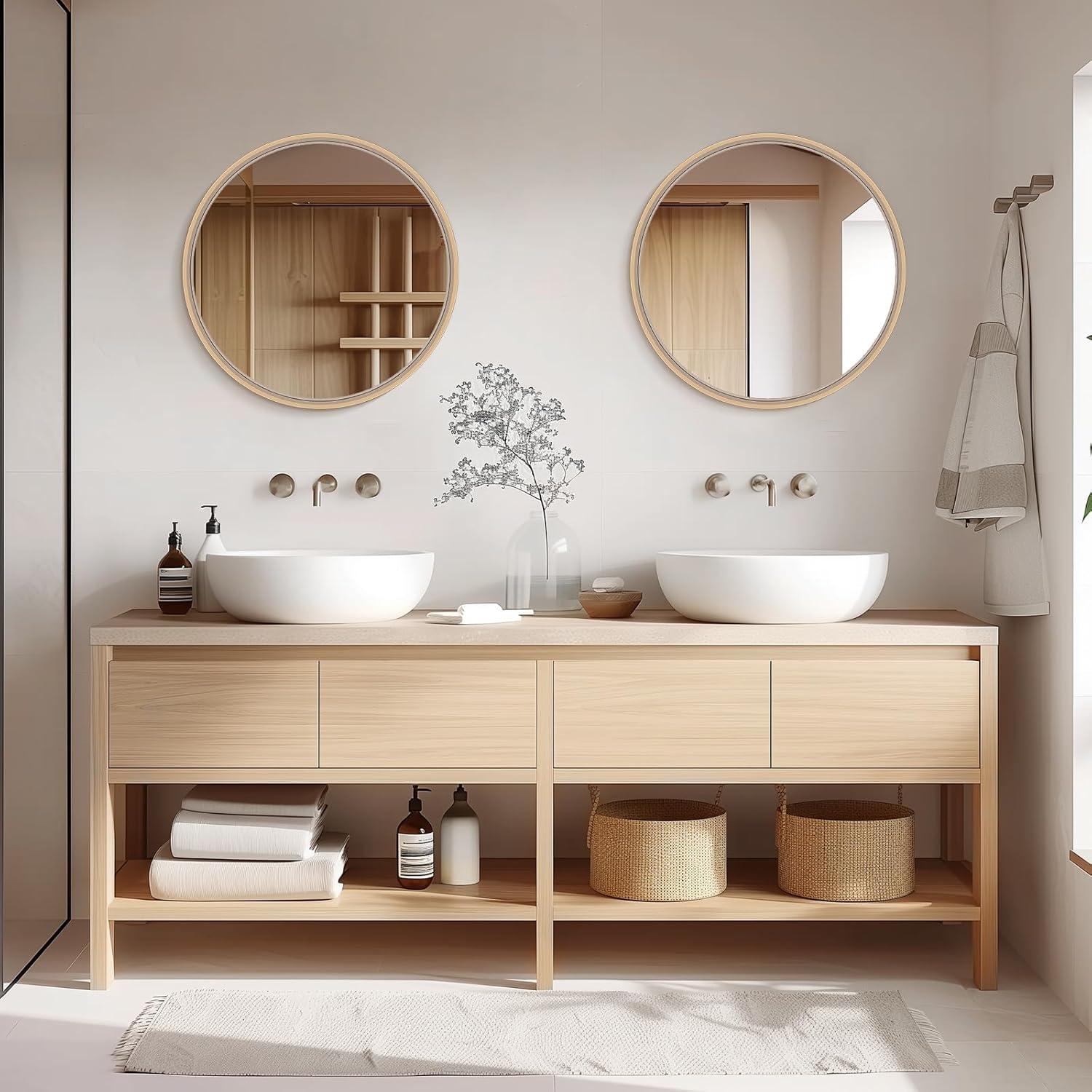 WallBeyond 24" Wood Round Mirror Natural : Pine Frame, Modern Style, Wall Mount, No Assembly Required