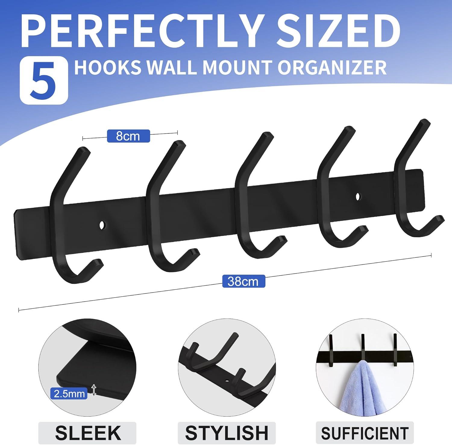 GlazieVault Black Coat Rack Wall Mount - Stainless Steel Coat Hooks for Wall (2 Pack) - Heavy Duty Coat Hanger Wall Mount for Hat Towel Jacket Clothes for Bathroom Door Hooks