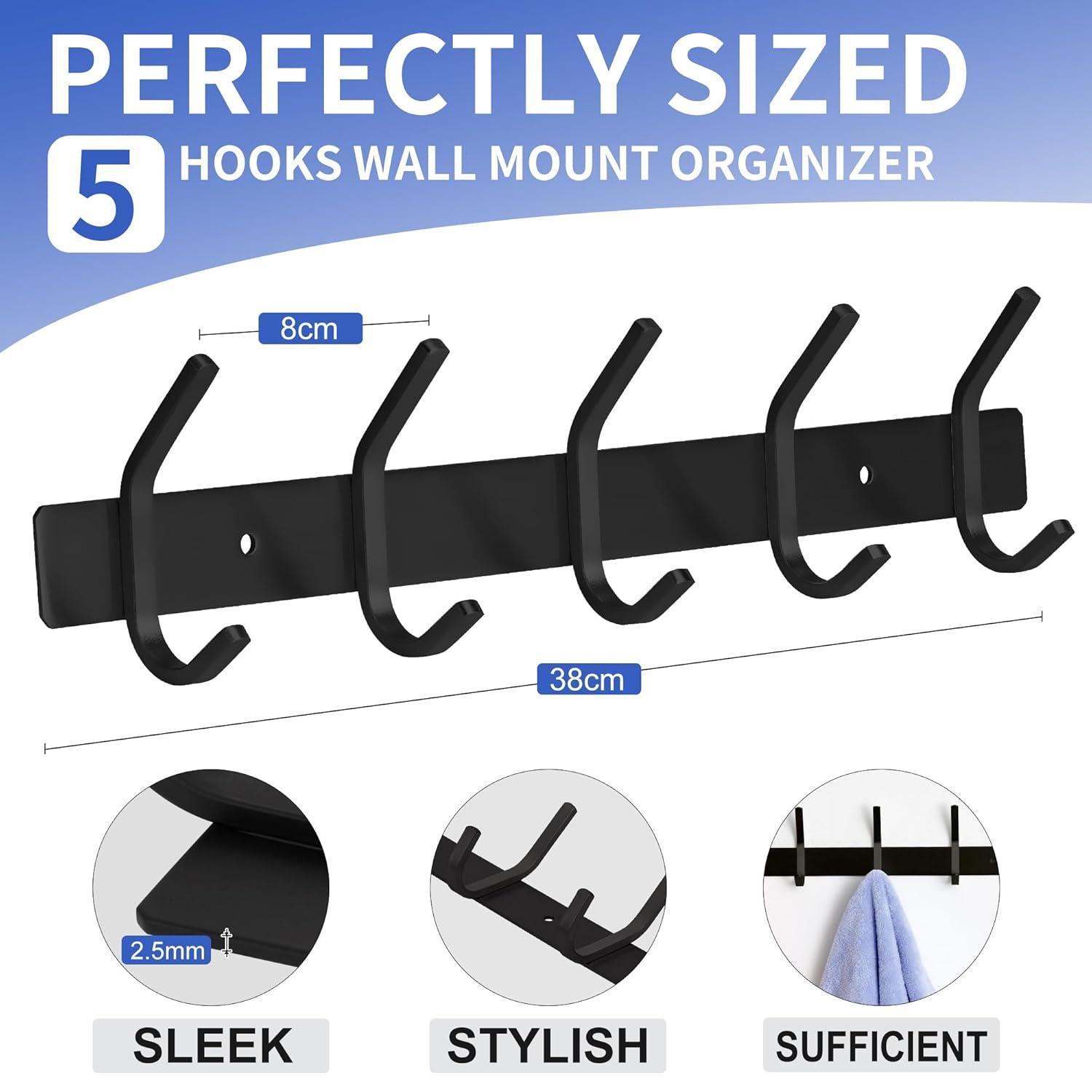 GlazieVault Black Coat Rack Wall Mount - Stainless Steel Coat Hooks for Wall (2 Pack) - Heavy Duty Coat Hanger Wall Mount for Hat Towel Jacket Clothes for Bathroom Door Hooks