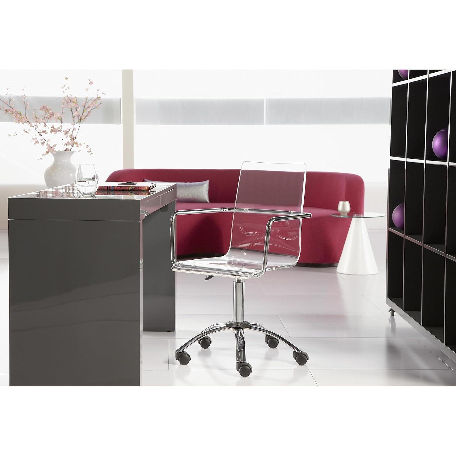 EURO STYLE Chloe Office Chair in Clear, Acrylic, Chromed Steel Base, 360° Swivel, Adjustable Height, Casters for Mobility, Made for Everyday Home Use