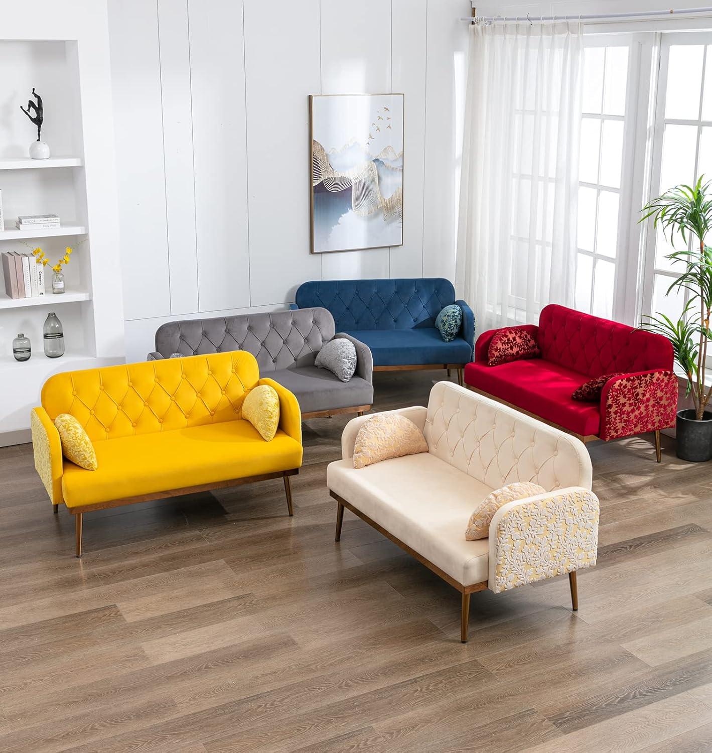 55" Velvet Sofa with 2 Pillows and Golden Metal Legs,Twin Size Loveseat Accent Couch with Button Tufted Backrest and Armrests, Living Room Sofa