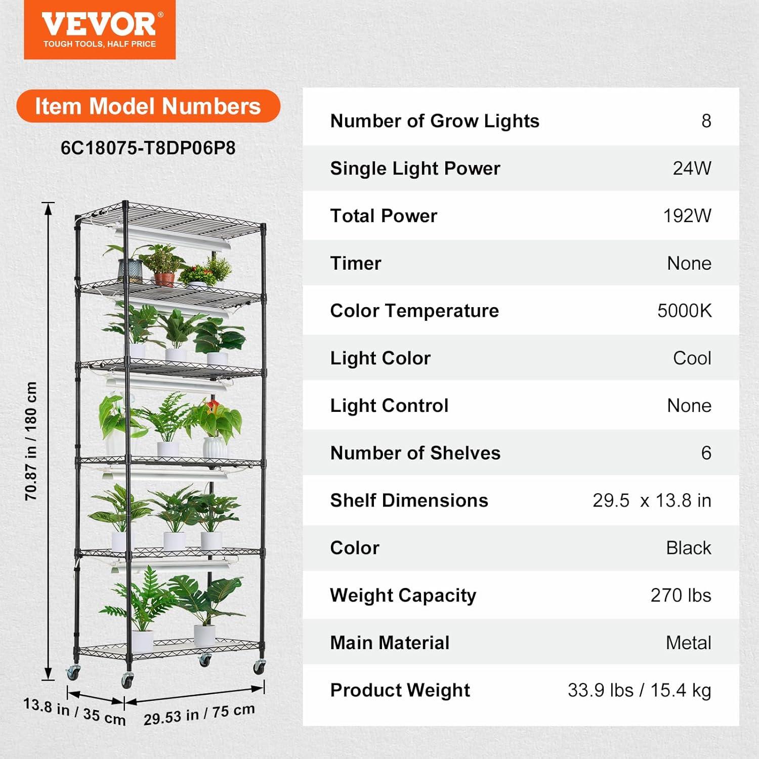 Black Metal 6-Tier Plant Stand with Grow Lights and Wheels