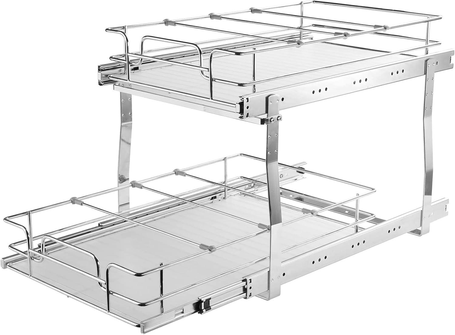 2 Tier 13"W x 21"D Pull Out Cabinet Organizer, Heavy Duty Slide Out Pantry Shelves, Chrome-Plated Steel Roll Out Drawers, Sliding Drawer Storage for Inside Kitchen Cabinet, Bathroom, Under Sink