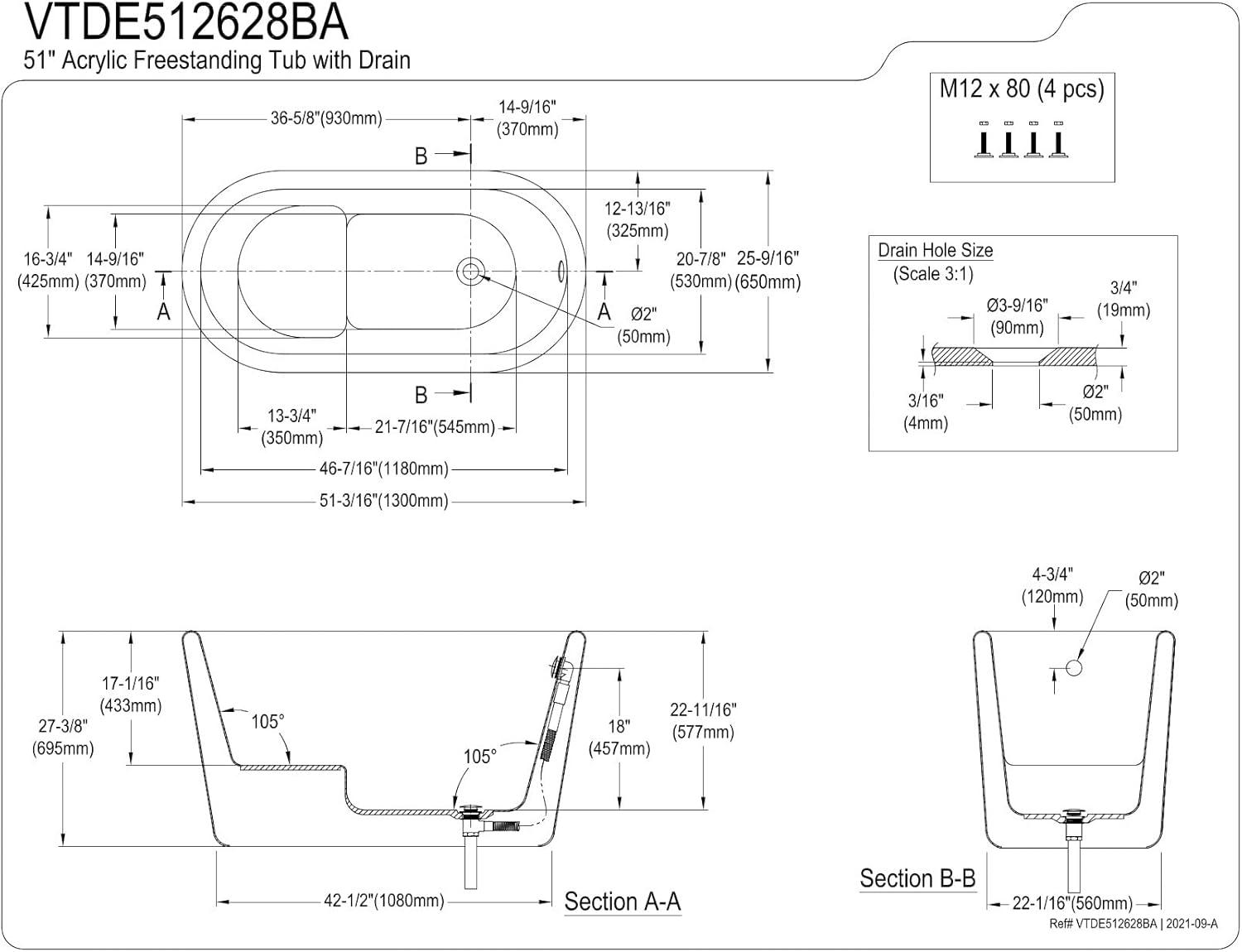 Kingston Brass Aqua Eden 51-Inch Acrylic Oval Double Ended Freestanding Tub with Drain and Integrated Seat