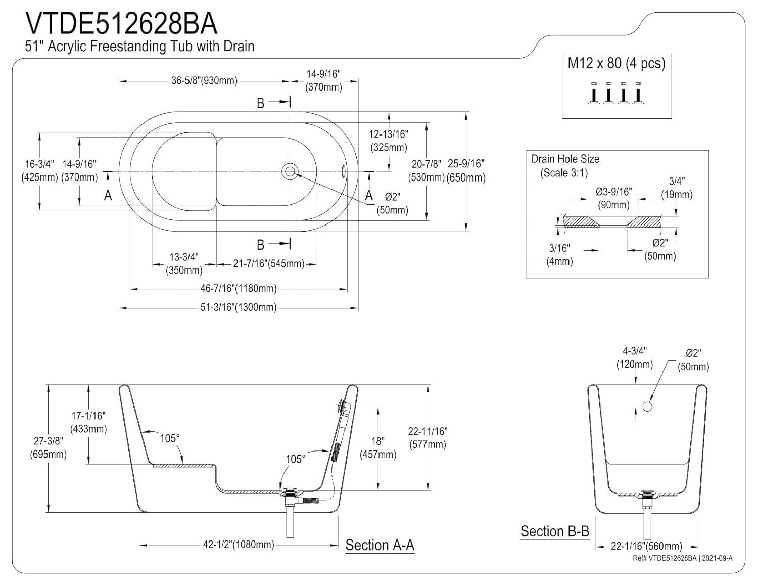 Kingston Brass Aqua Eden 51-Inch Acrylic Oval Double Ended Freestanding Tub with Drain and Integrated Seat