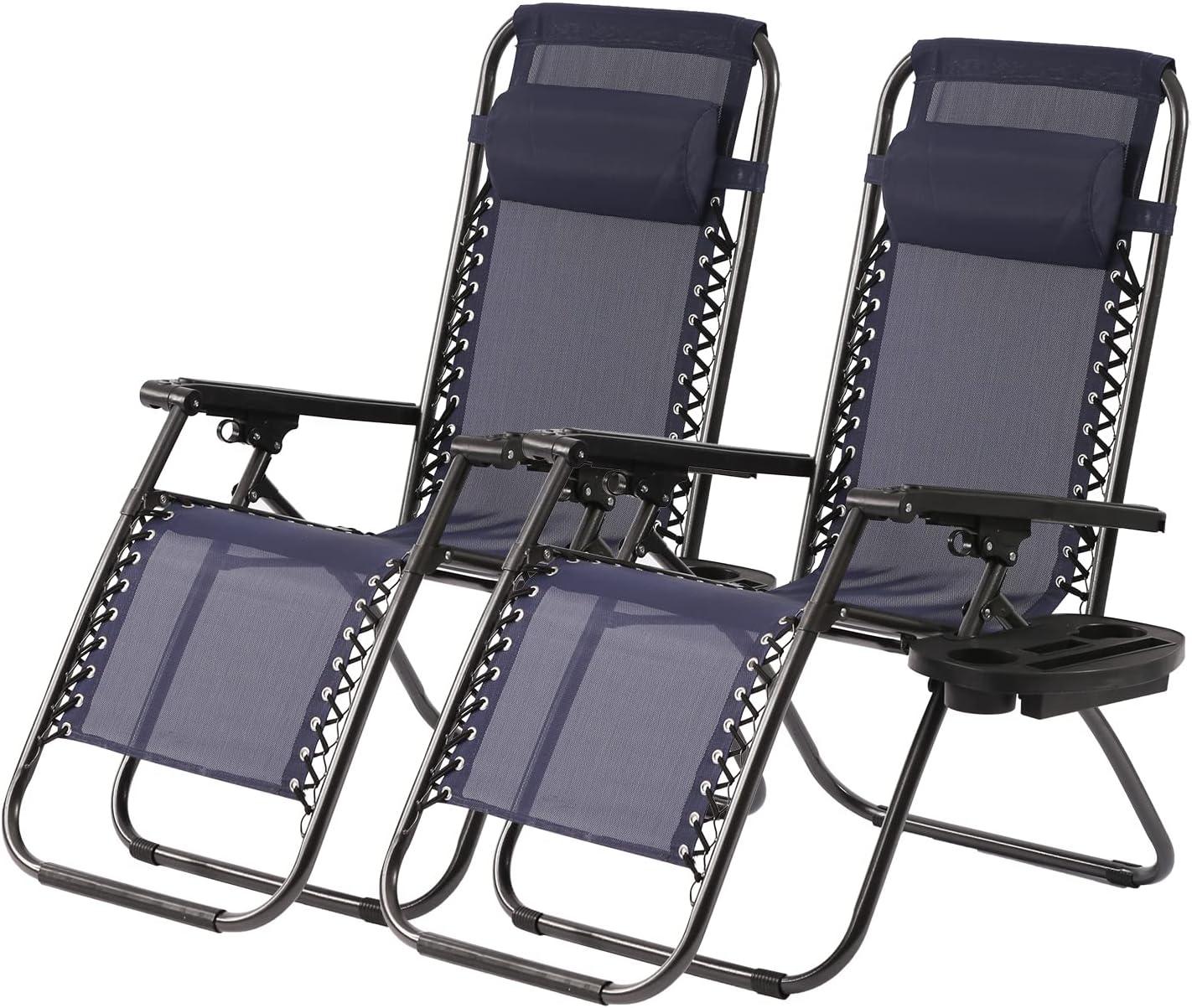 FDW Zero Gravity Lawn Lounge Chairs Set of 2 with Pillow and Cup Holder - Adjustable Reclining Folding Outdoor Chairs for Deck, Beach, Yard,Black