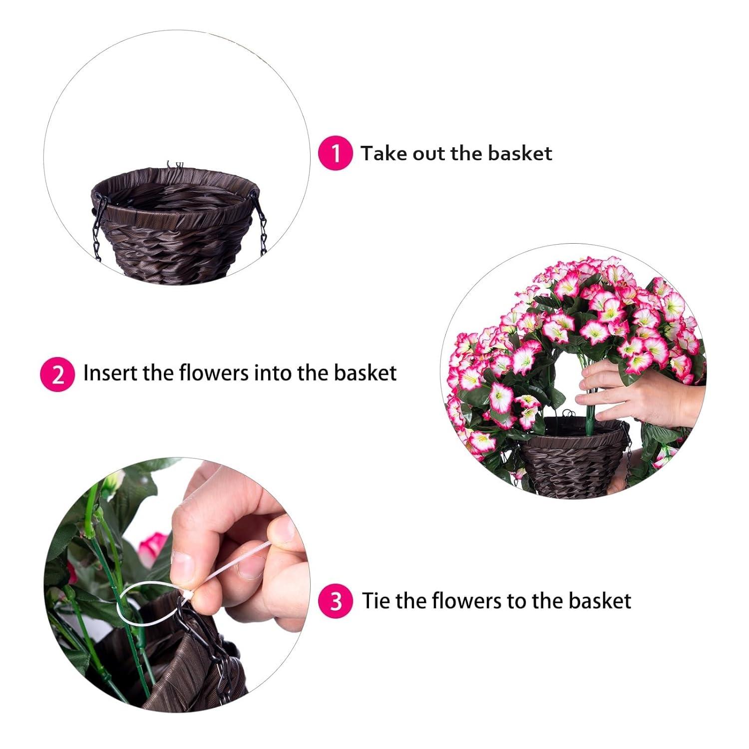 Artificial Hanging Flowers in Basket Fake Plant for Outside, Silk Pink Morning Glory Flower Arrangement for Outdoor Decor, UV Resistant Realistic Floral Planter for Porch Patio Balcony