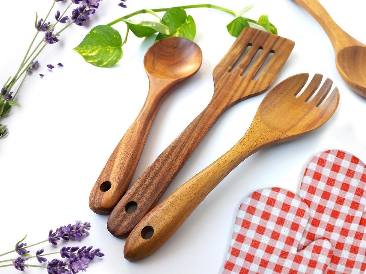 Wooden Spoons for Cooking, 10 Pcs Teak Wood Cooking Utensil Set ‚ Wooden Kitchen Utensils for Nonstick Pans & Cookware ‚ Sturdy, Lightweight & Heat Resistant