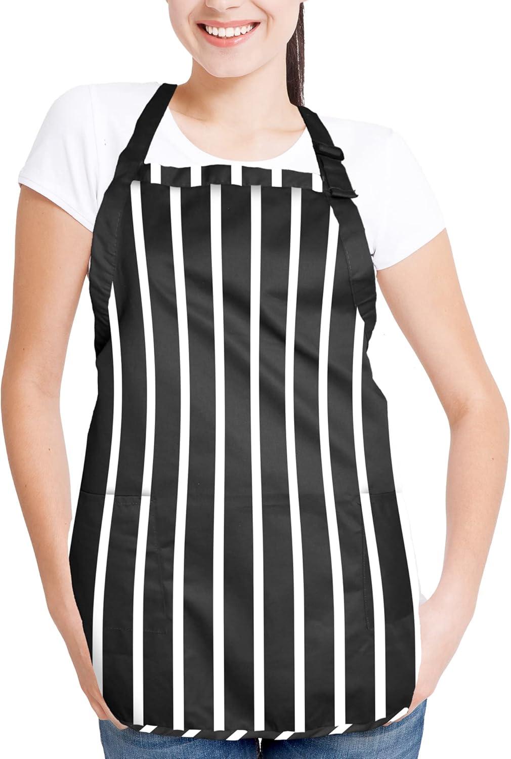 DALIX Apron Commercial Restaurant Home Bib Spun Poly Cotton Kitchen Aprons (2 Pockets) in Striped Black