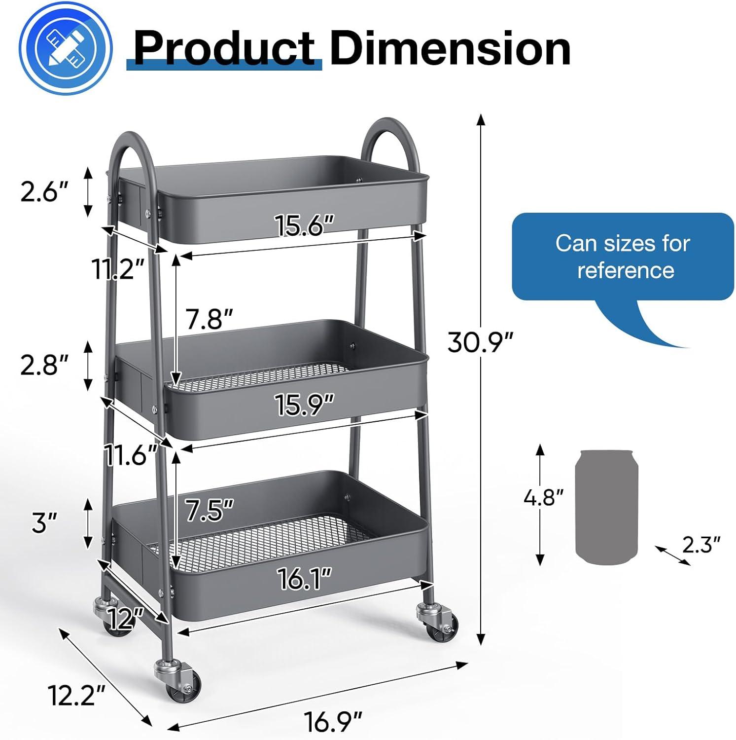Green Metal 3-Tier Rolling Utility Cart with Lockable Wheels