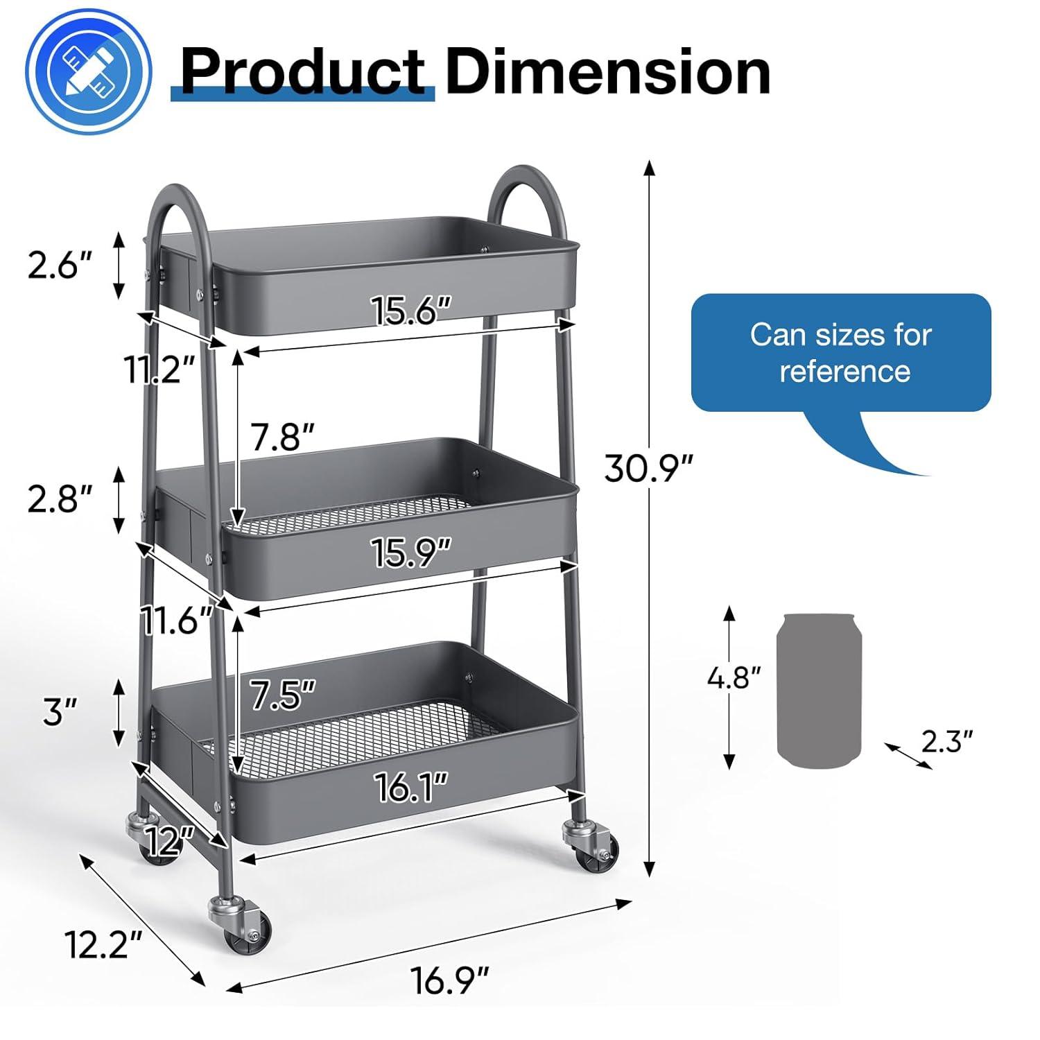 Green Metal 3-Tier Rolling Utility Cart with Lockable Wheels