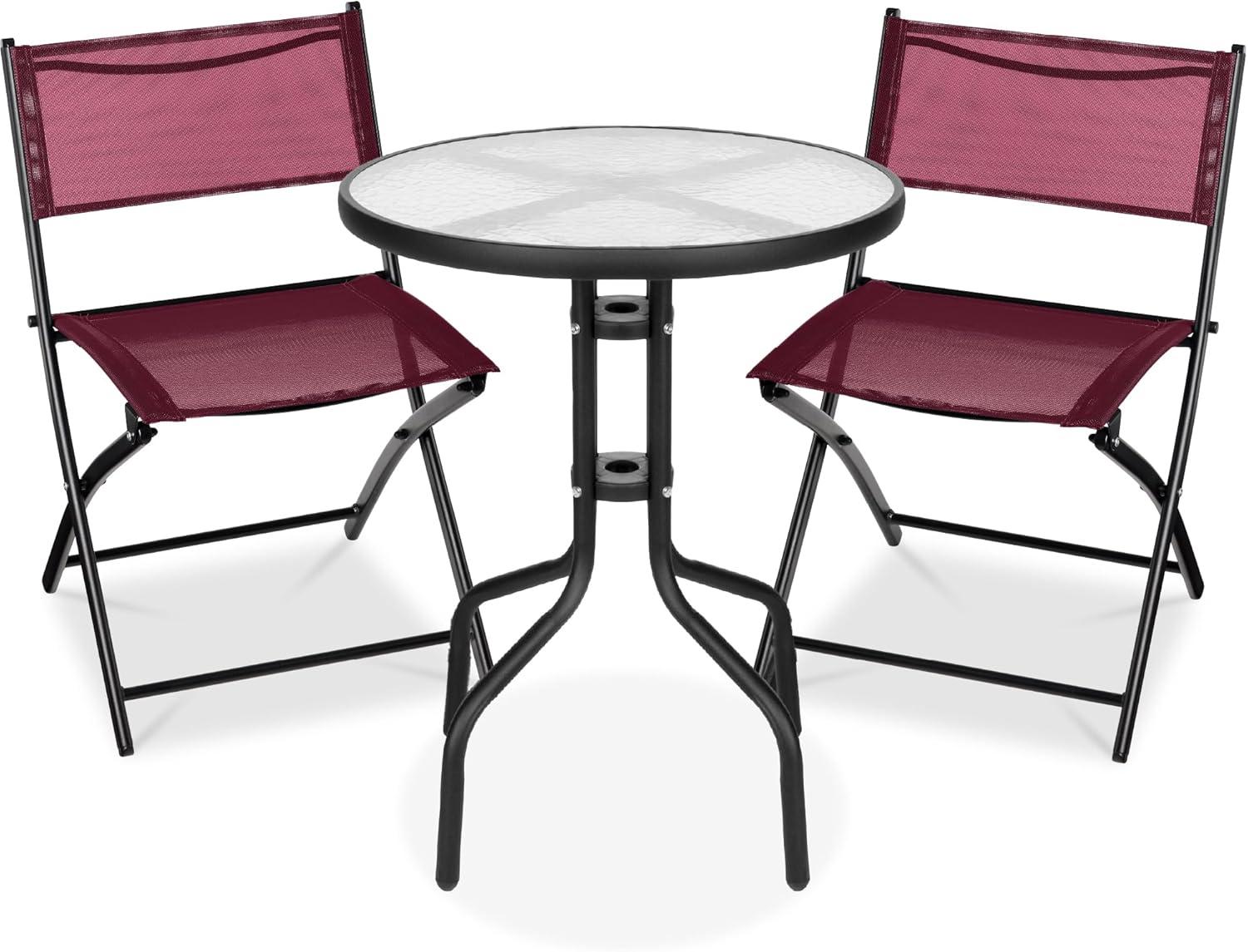 Best Choice Products 3-Piece Patio Bistro Dining Furniture Set w/ Glass Tabletop, Folding Chairs - Burgundy