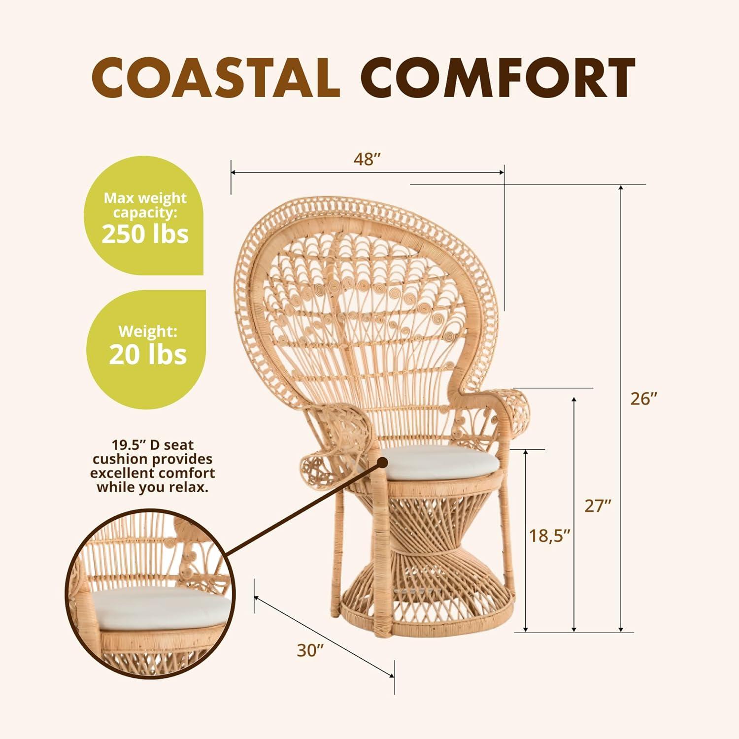 KOUBOO Peacock Grand Peacock Chair, Rattan Chair, Handmade, Accent Chair, Vintage, Retro, Boho, Furniture, Sunroom, Natural