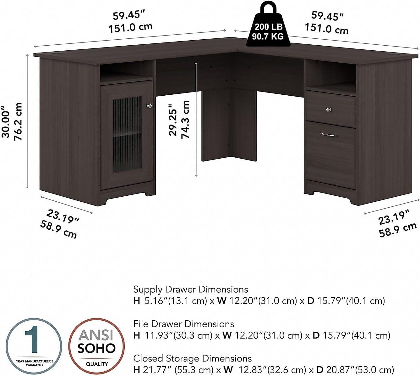 Cabot Modern 60W L Desk with File Drawer, Box Drawer and Storage Cabinet in Heather Gray