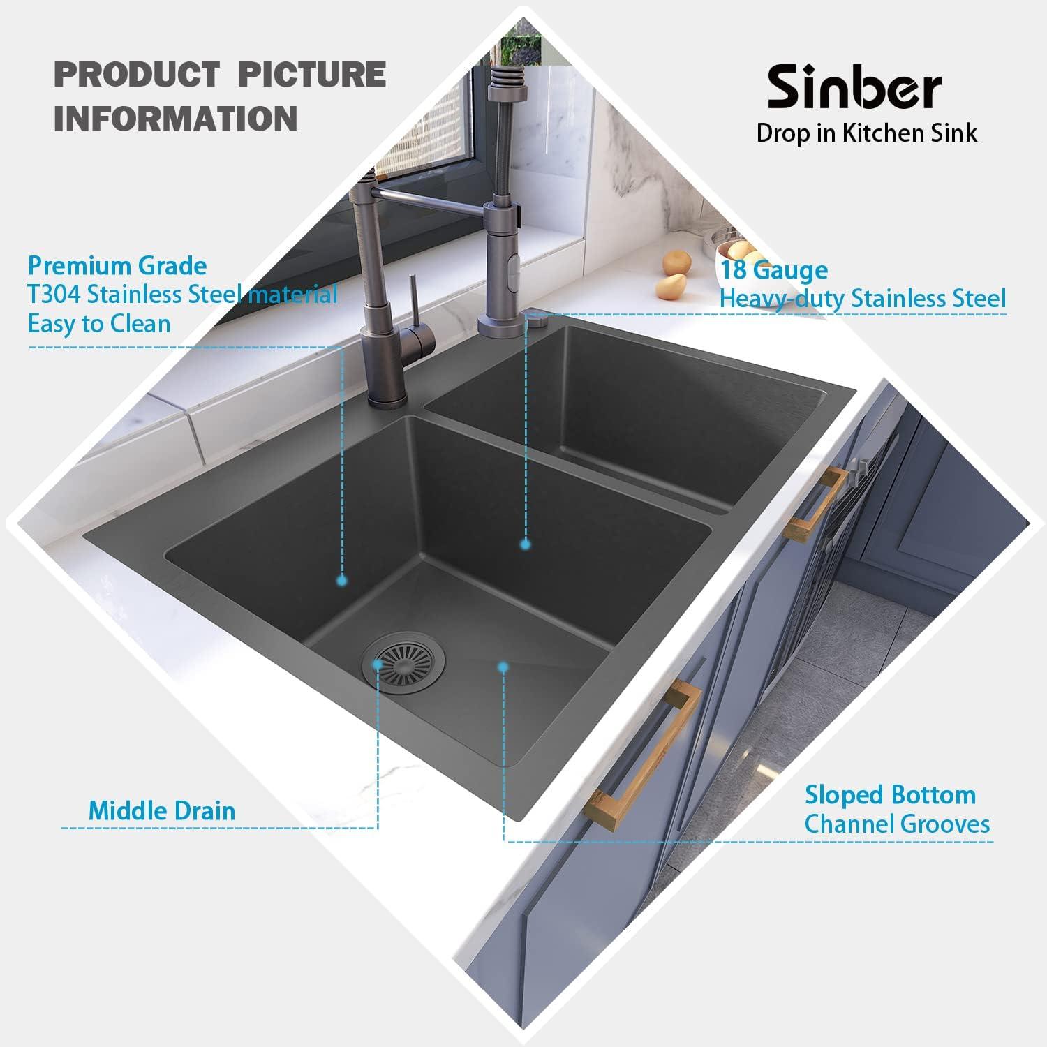 Sinber 33" x 22" Kitchen Sink Drop In Double Bowl with 18 Gauge Stainless Steel