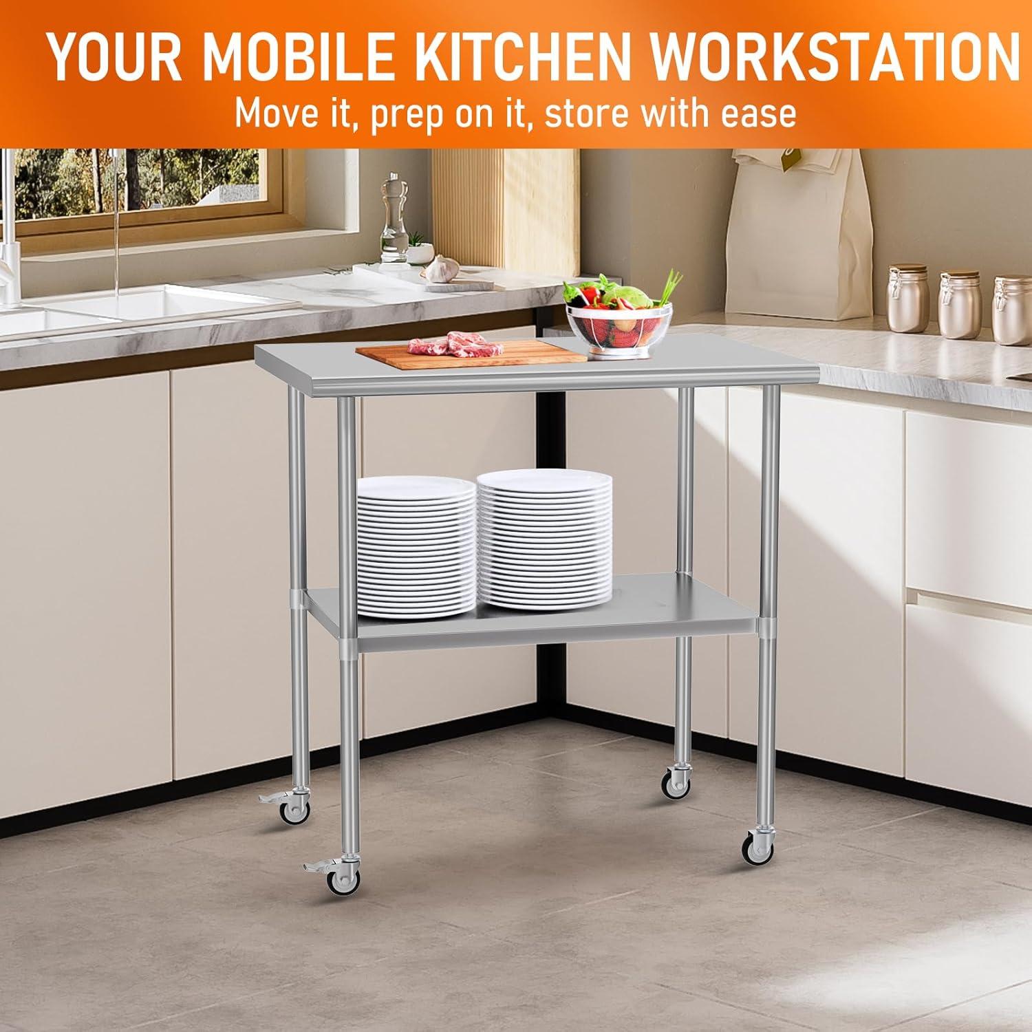 36"x24" Stainless Steel Kitchen Work Prep Table Commercial Workbench With Wheels