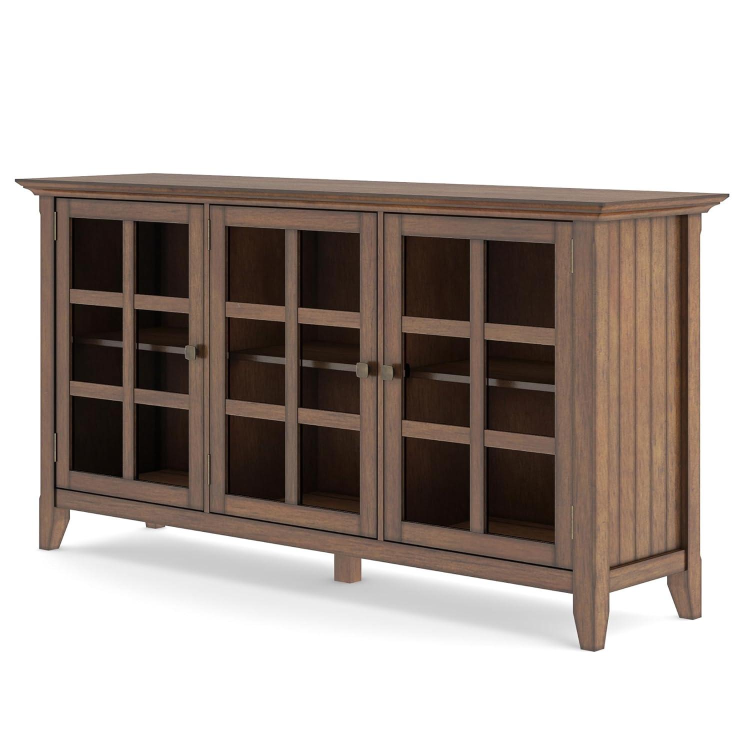 Simpli Home Acadian 62"W Solid Wood 3-Shelf Storage Cabinet with Tempered Glass Doors and Adjustable Shelves