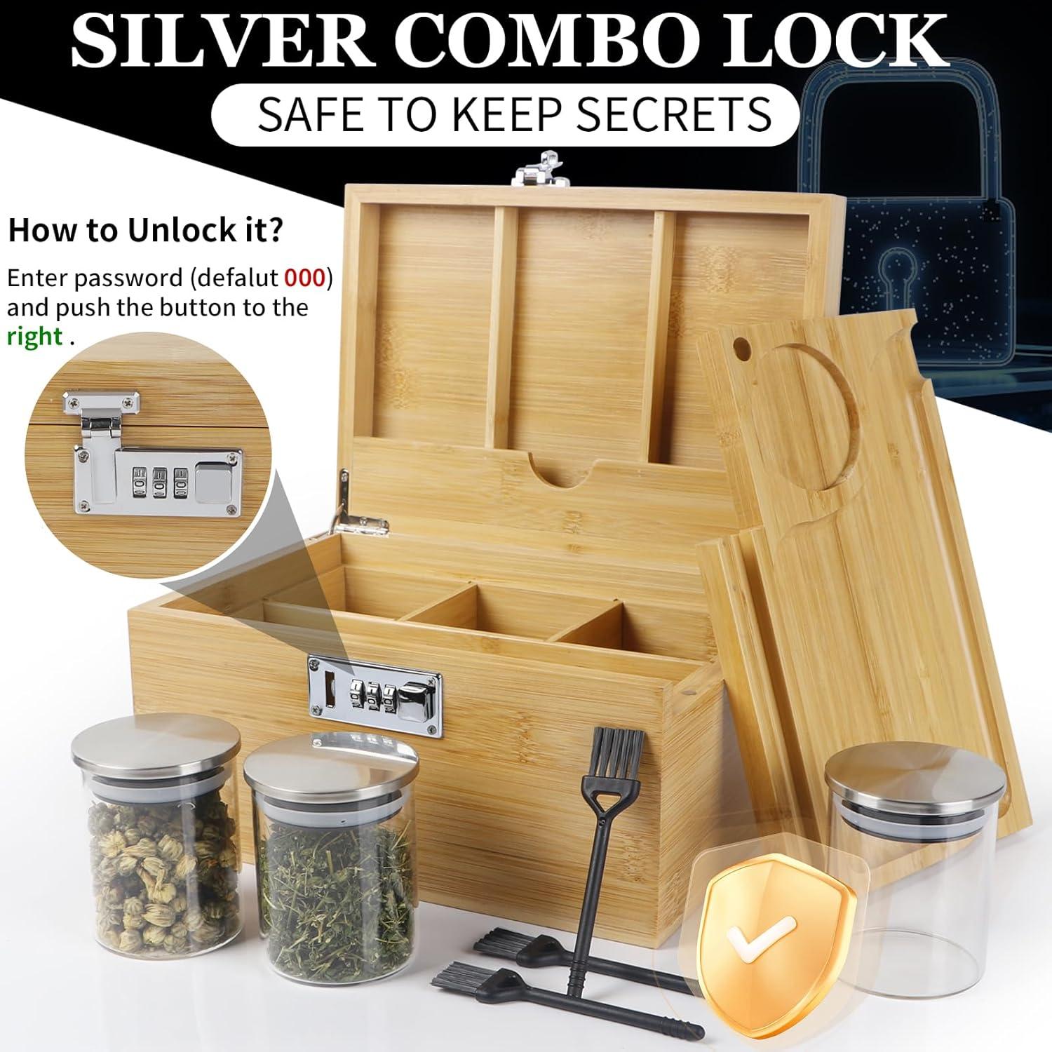 Large Bamboo Box with Combination Lock, Decorative Storage Box with Detachable Compartment, Wooden Boxes with Alright Jars & Brushes as Great Gift Choice.