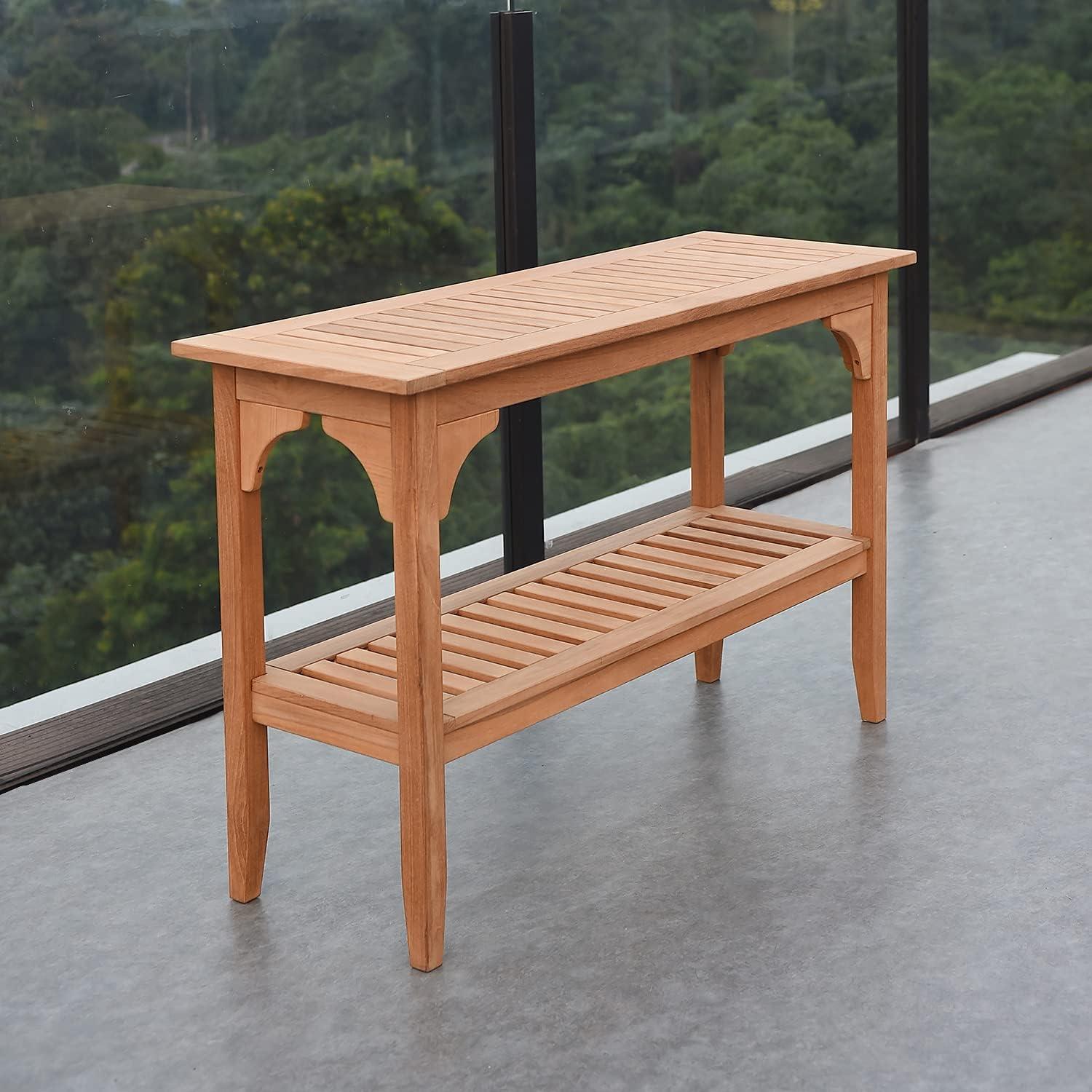 Natural Teak Outdoor Console Table with Lower Shelf