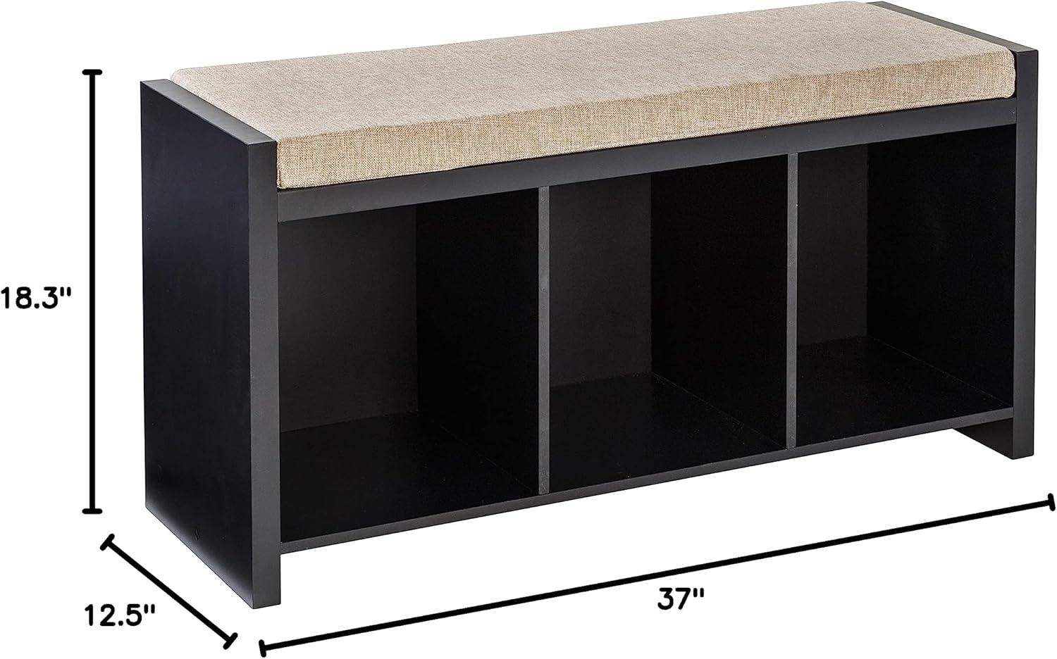 Honey-Can-Do Wood 3-Cubby Shoe Storage Organizer Bench with Cushion, Black/Tan