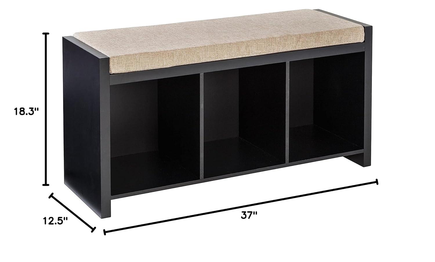 Honey-Can-Do Wood 3-Cubby Shoe Storage Organizer Bench with Cushion, Black/Tan