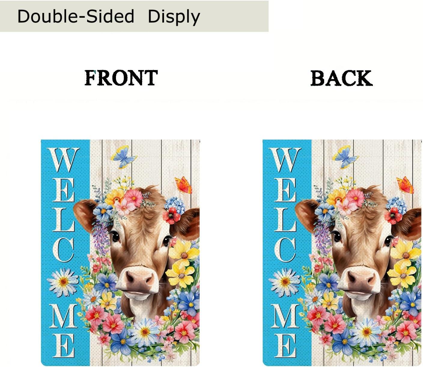 Spring Welcome Cow Garden Flag 12 x 18 inch Double Sided Outside decorations,Funny Cute Animal Flower Butterfly Small Garden Flags For Outdoor Yard Lawn