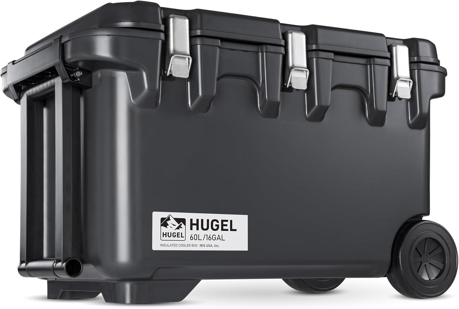 IRIS USA HUGEL 64 QT Cooler Box Insulated, Hard Cooler, Vacuum-Insulated Panels Durable Portable Ice Chest with Built-in Handle and Wheels, Black