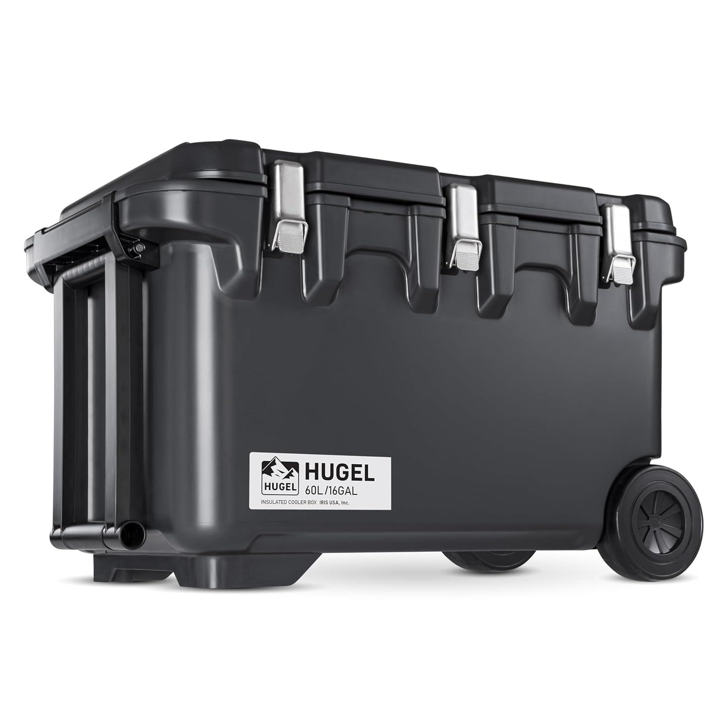 IRIS USA HUGEL 64 QT Cooler Box Insulated, Hard Cooler, Vacuum-Insulated Panels Durable Portable Ice Chest with Built-in Handle and Wheels, Black