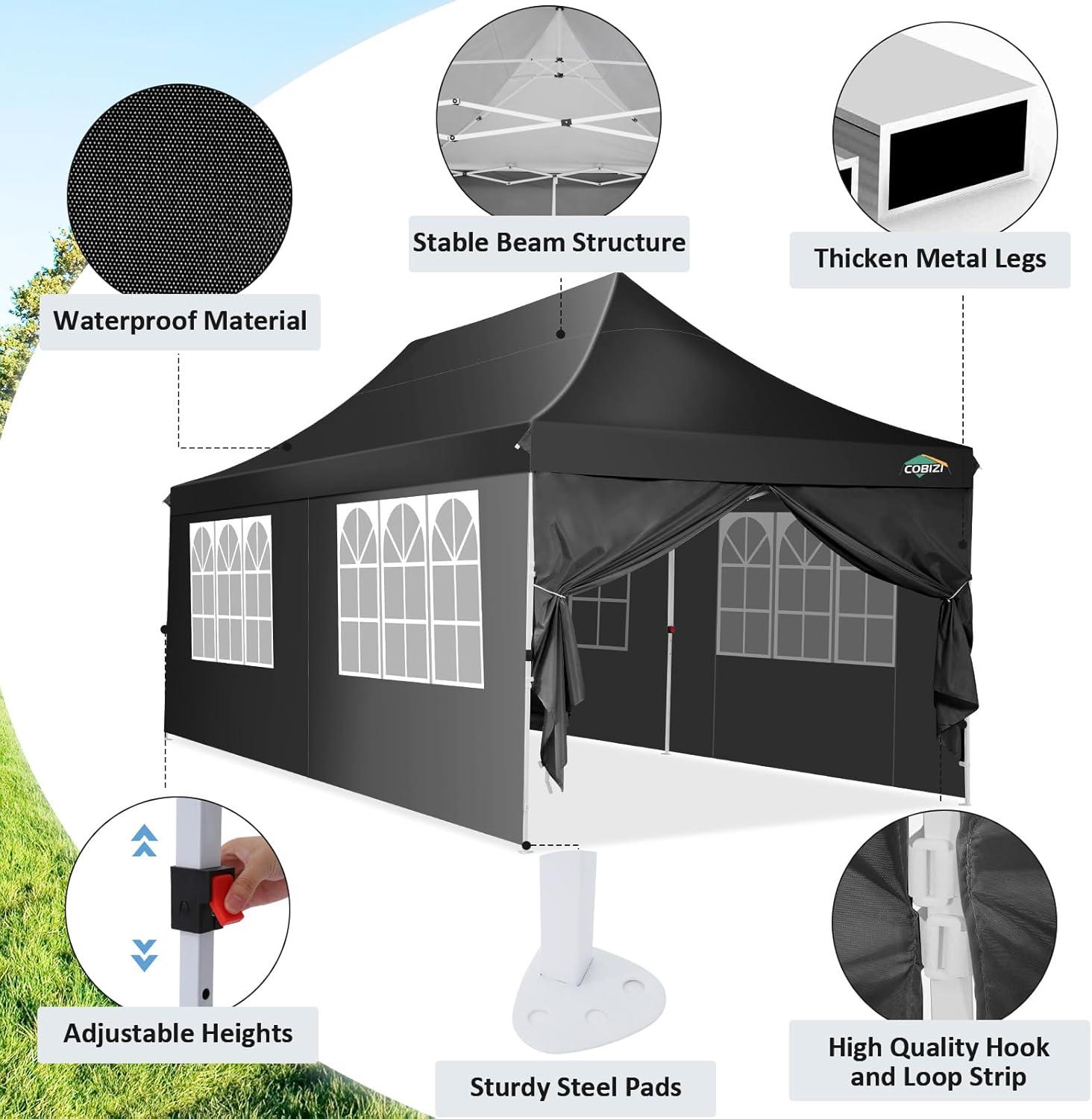 COBIZI Canopy Tent 10X20 Pop up Hollow Tent with 6 Removable Side Walls,Outdoor Event Party Canopy,Instant Portable,Suitable for Parties,Weddings,Camping and Beaches,with Wheeled Bag,Black