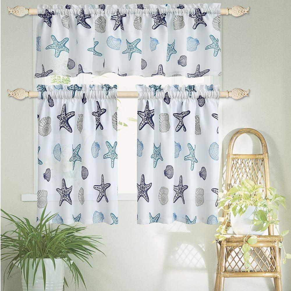 Tier Curtains for Kitchen Windows Starfish café Curtains, 1 Pair 27" x 36" Multi-Color Seashell Conch Printed Half Window Curtain Set for Bathroom Rod Pocket, Blue