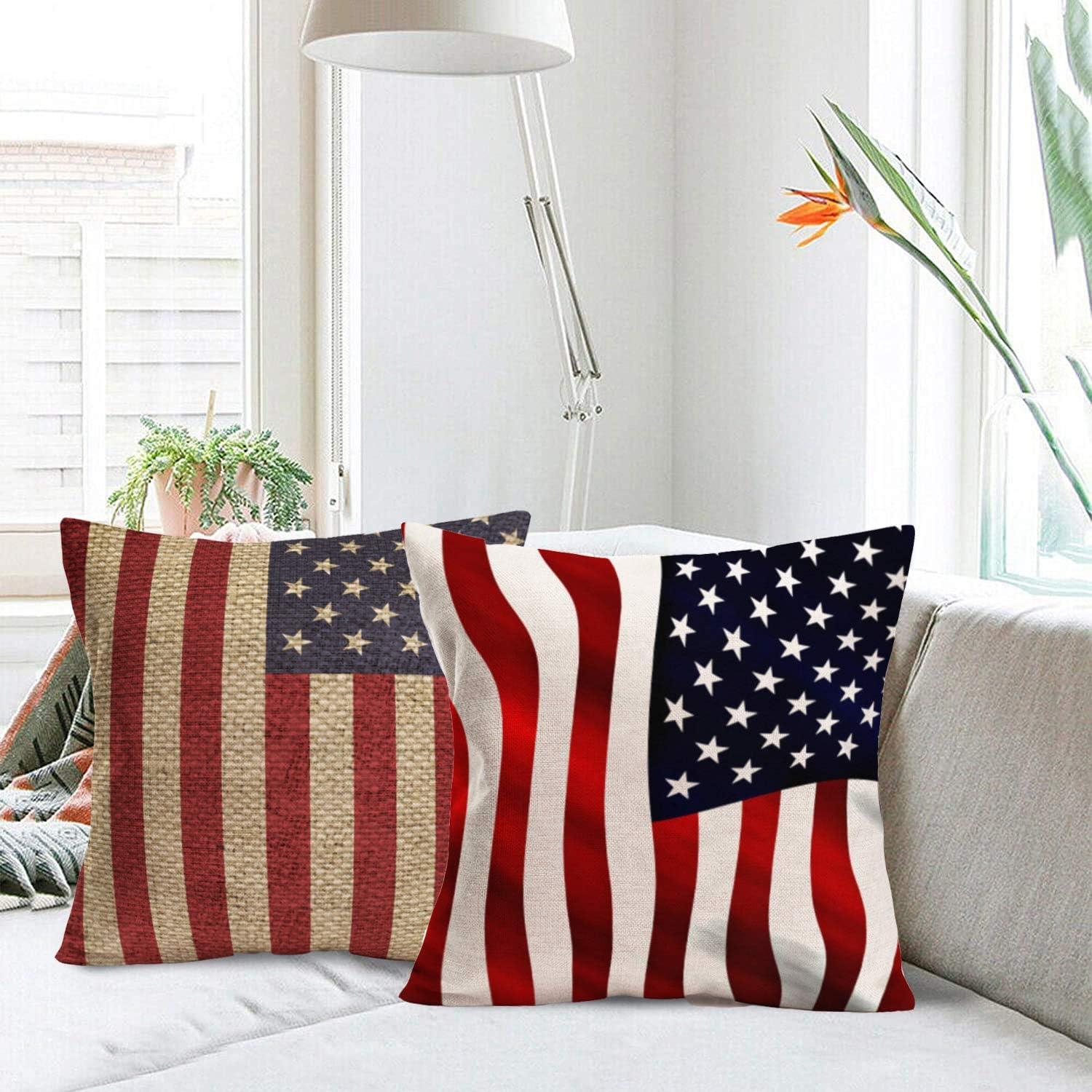 Patriotic USA Flag Cotton Linen Outdoor Pillow Covers Set