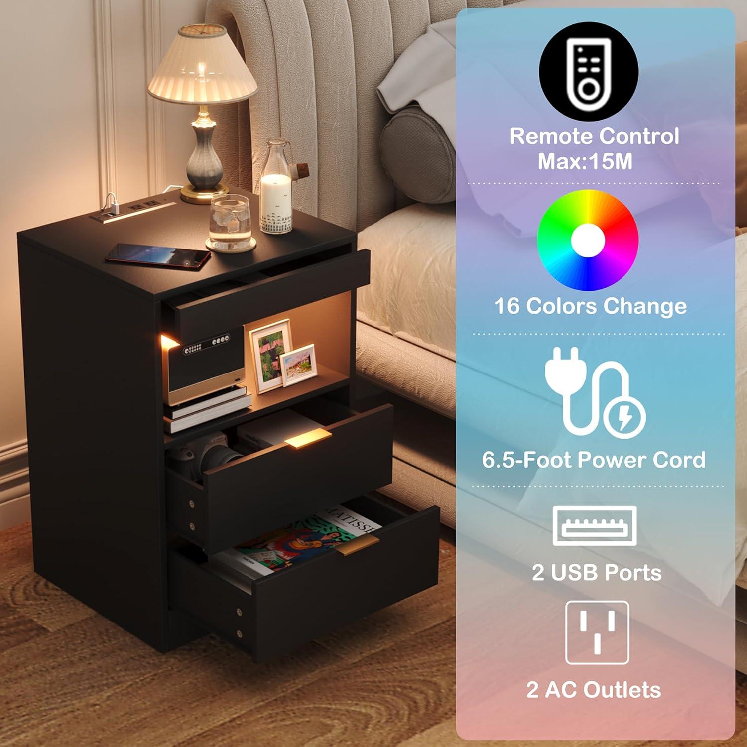 Black MDF Nightstand with LED Lights and Charging Station