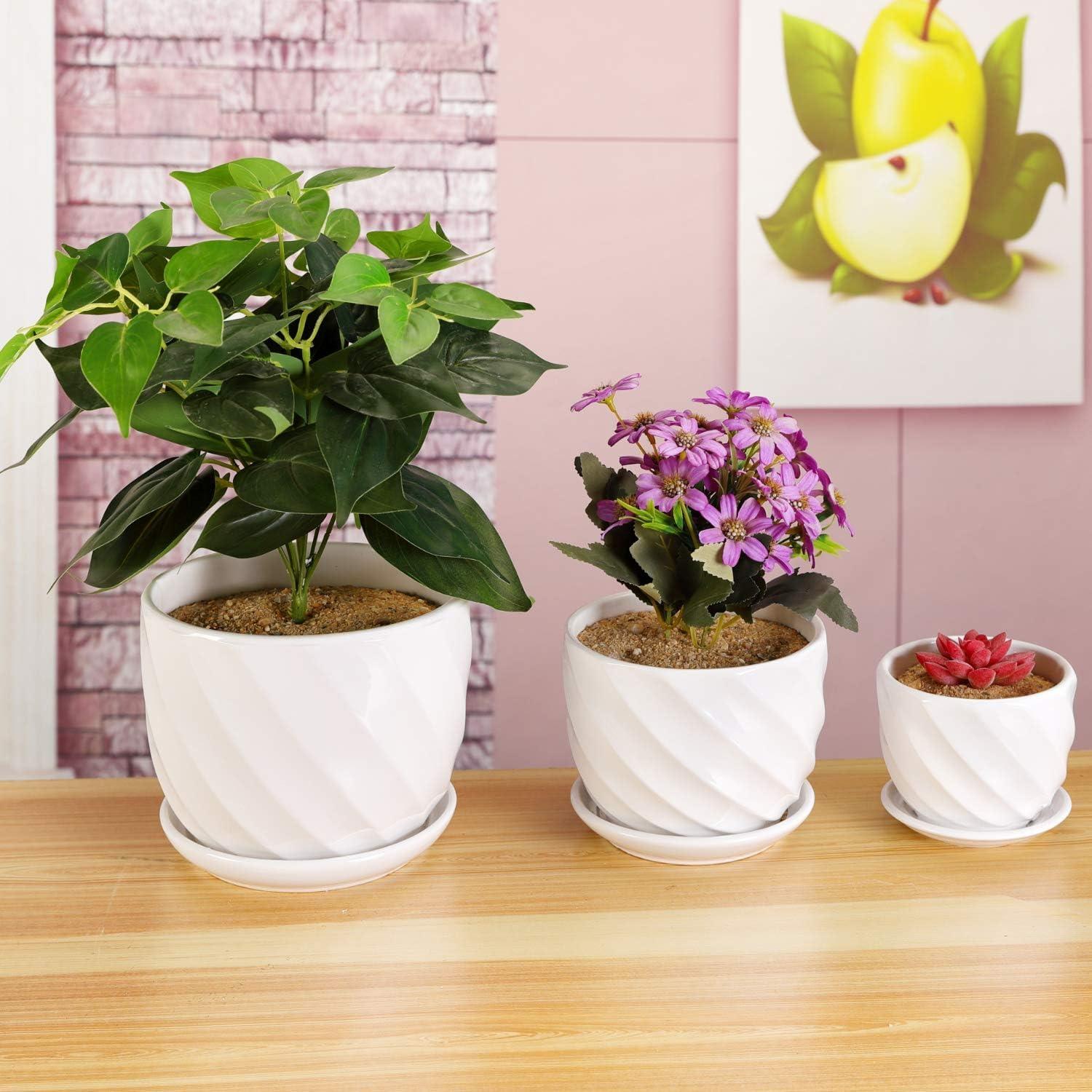 Set of 3 White Ceramic Indoor/Outdoor Planters with Saucers