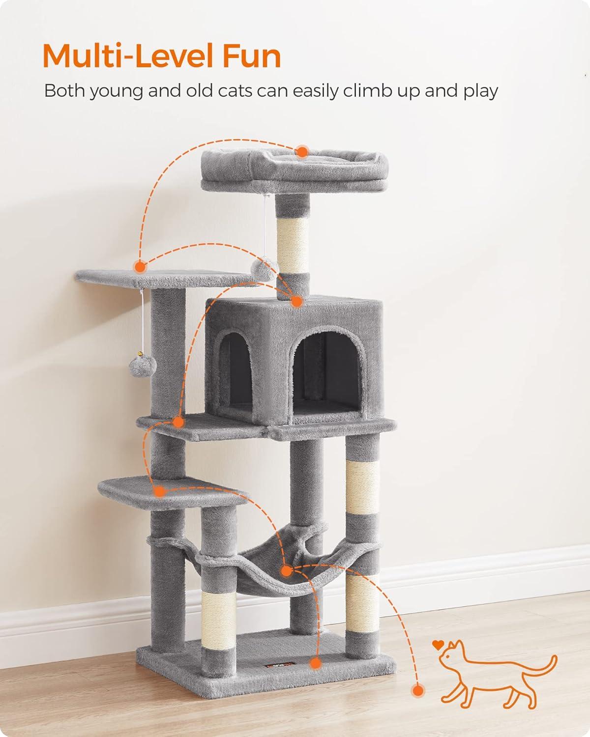 Multi-Level Gray Sisal Cat Tree with Hammock and Cave