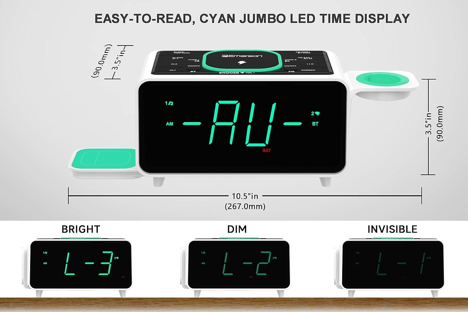 Emerson SmartSet Multiple Wireless Charging, Dual Alarm Clock Radio, Bluetooth Speaker, USB Charger, Cyan Night LED and 1.4” Display, ER100501