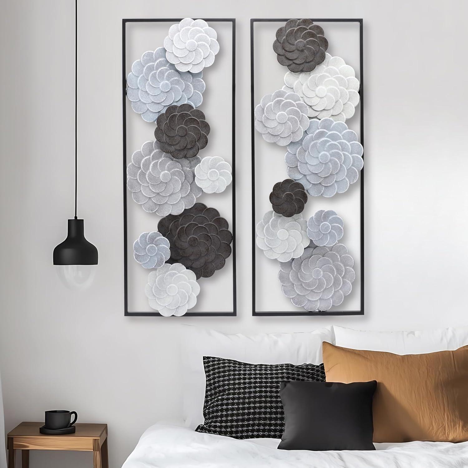 LuxenHome Multi-Color Flowers Metal Rectangular Panels Wall Decor Wall Art, Set of 2 Multicolored
