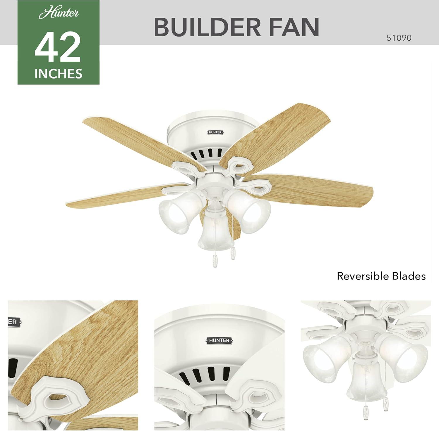 42" Builder Low Profile Ceiling Fan (Includes LED Light Bulb) White - Hunter Fan: 5-Blade, Reversible Motor, Flush Mount