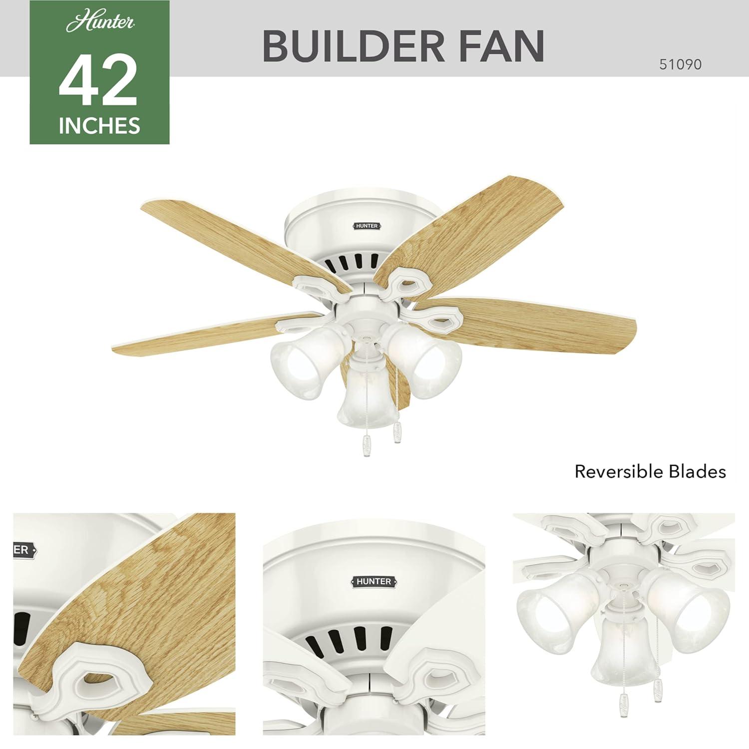 42" Builder Low Profile Ceiling Fan (Includes LED Light Bulb) White - Hunter Fan: 5-Blade, Reversible Motor, Flush Mount
