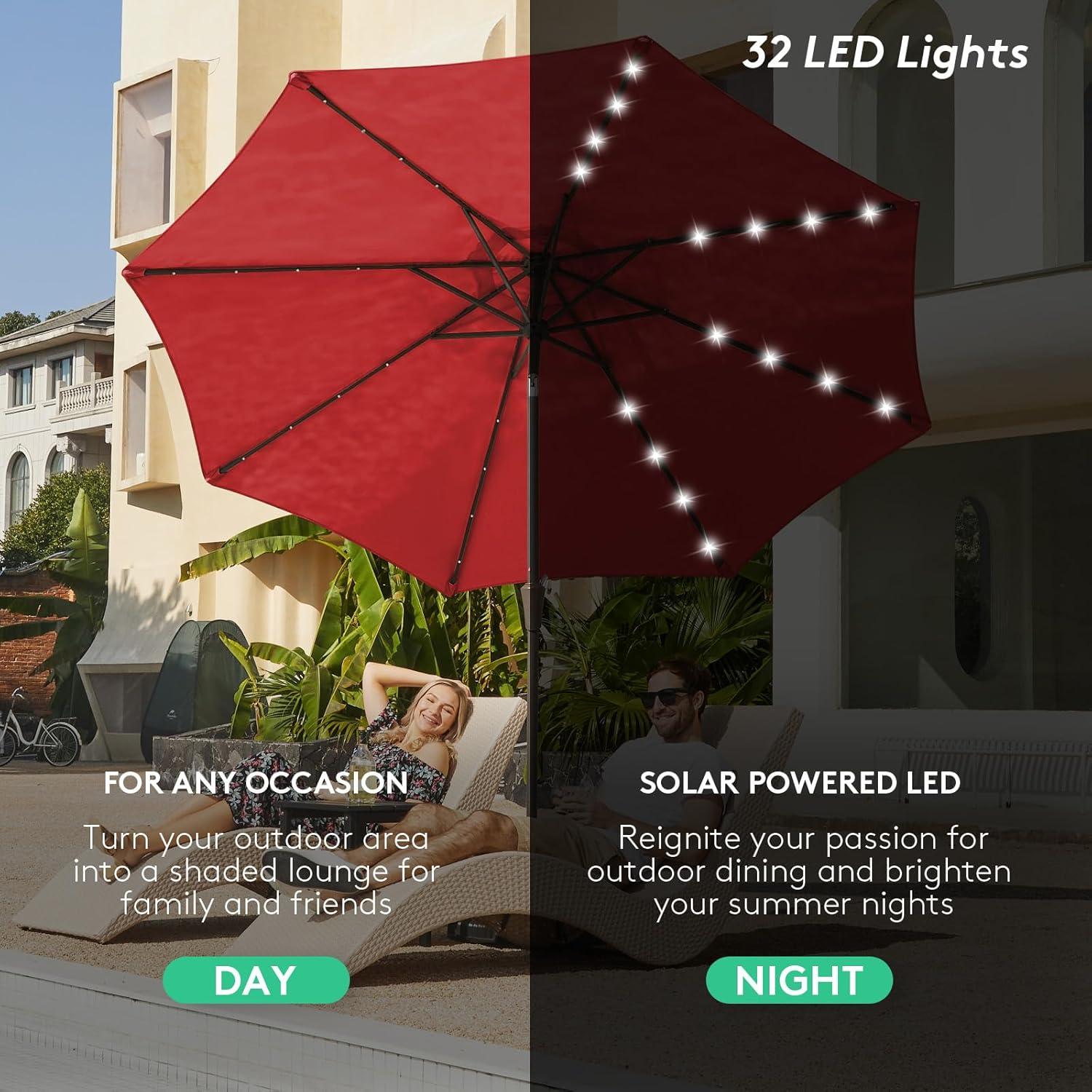 JEAREY Upgrade 9FT LED Lighted Patio Umbrella, Solar Outdoor Umbrella, Tilt Table Umbrella for Pool, Deck & Yard (Red)