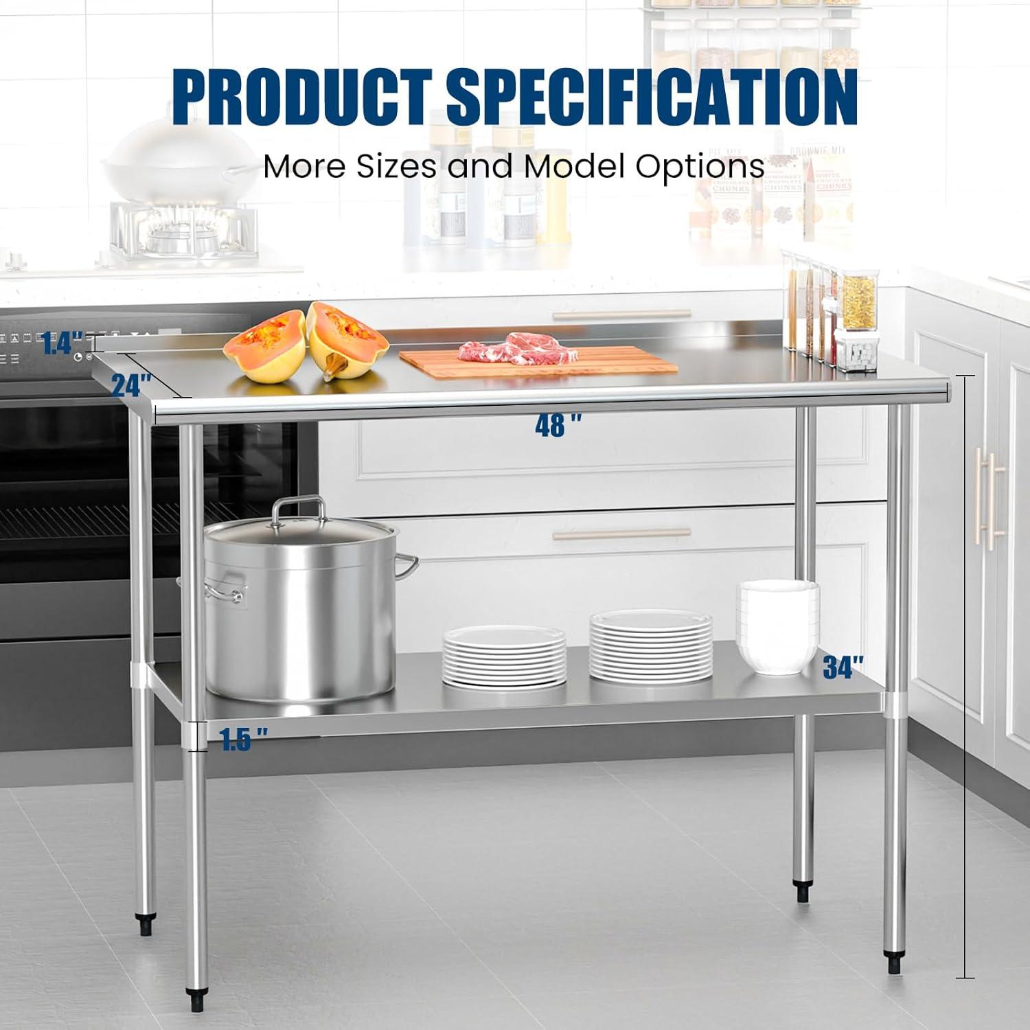 Stainless Steel Table 24" x 30" with Adjustable Undershelf and Backsplash, Commercial Metal Workstations for Kitchen, Garage, Outdoor BBQ