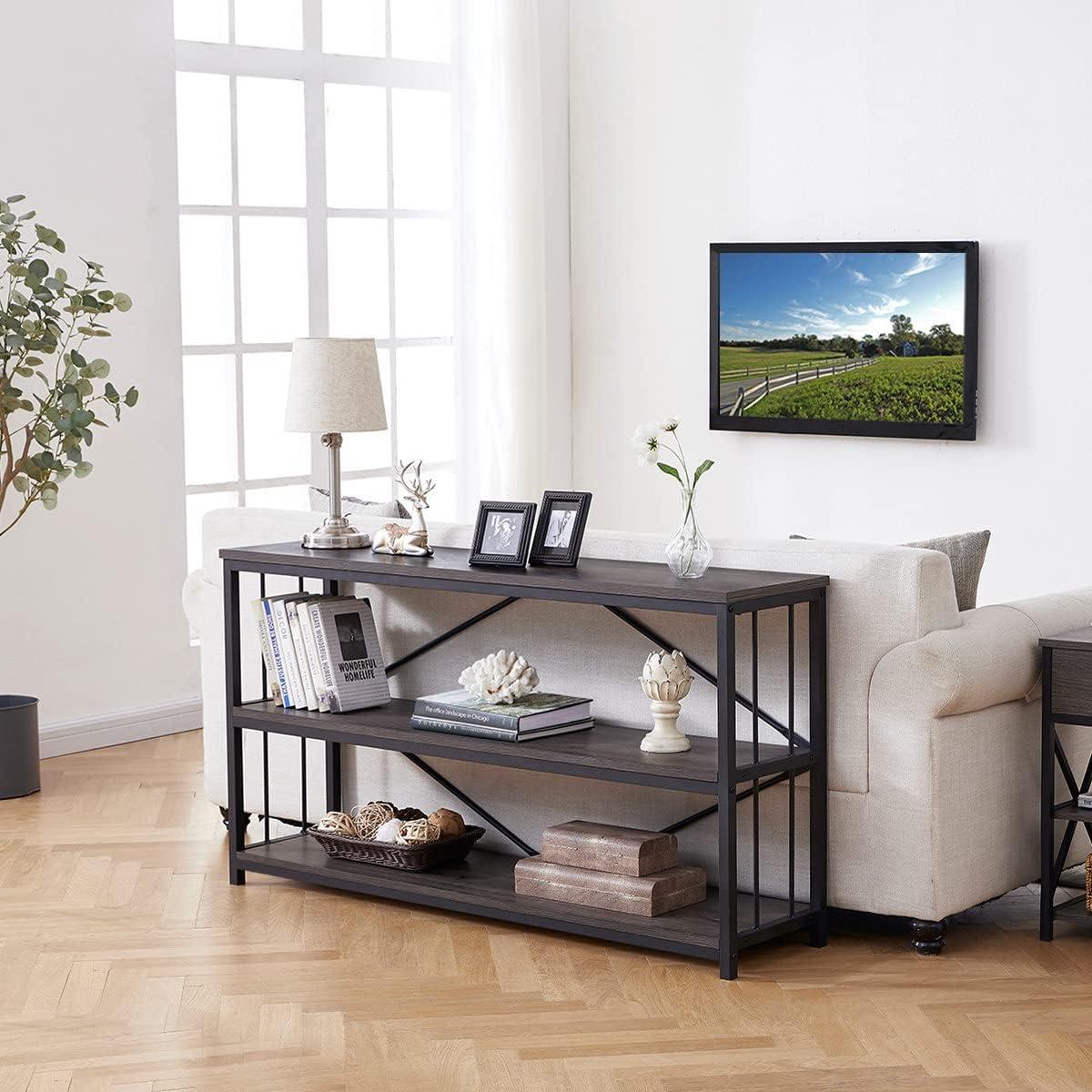 Dark Gray Oak and Metal 3-Tier Console Table with Storage