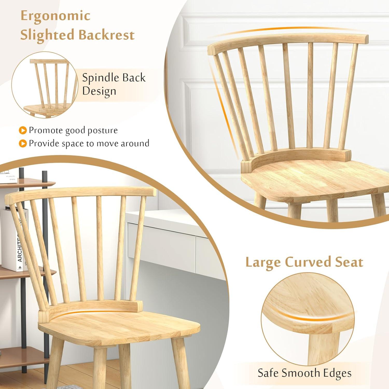 cMinc Windsor Dining Chairs Set of 2, Solid Wood Kitchen Chairs with Ergonomic Spindle Back, 400 LBS Weight Capacity, Farmhouse Armless Side Chairs for Dining Room, Living Room, Natural