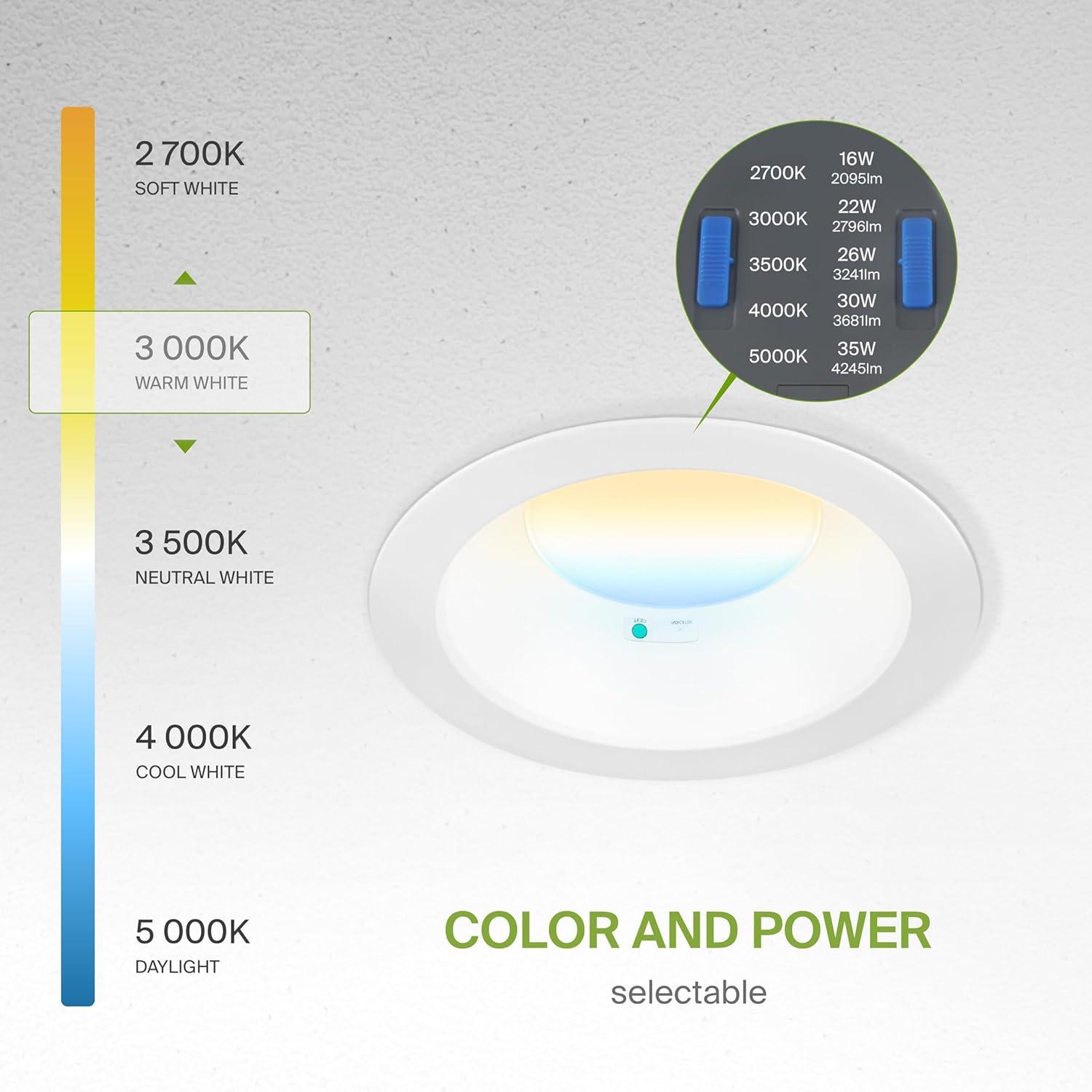 ASD Commercial LED Downlight 8 Inch with Emergency Battery Backup 15W, Power Adjustable Downlights 16/22/26/30/35W, Canless Recessed Lighting 120-277V, 5 CCT 2700K-5000K, Dimmable, IC Rated, White ETL