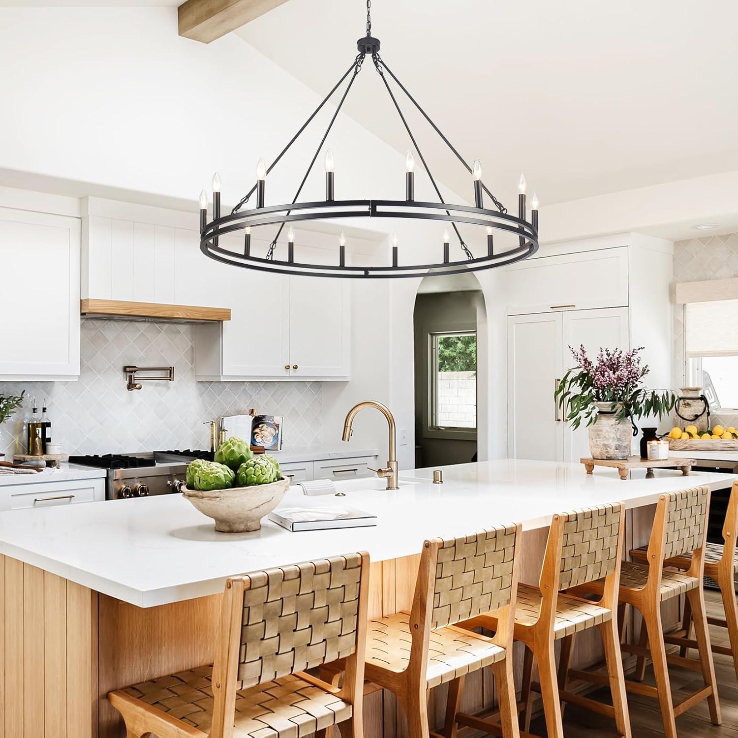 16-Lights Wagon Wheel Chandelier 47 Inch Black Farmhouse Chandelier Large Chandeliers for High Ceilings Round Modern Farmhouse Chandeliers Ceiling Light for Living Room Dining Room Foyer Entryway