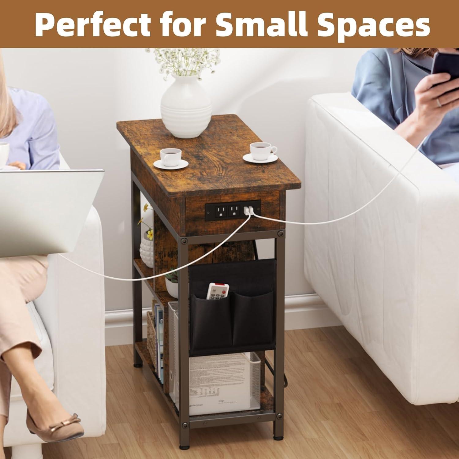 Rustic Brown and Black Side Table with Charging Station and Shelves